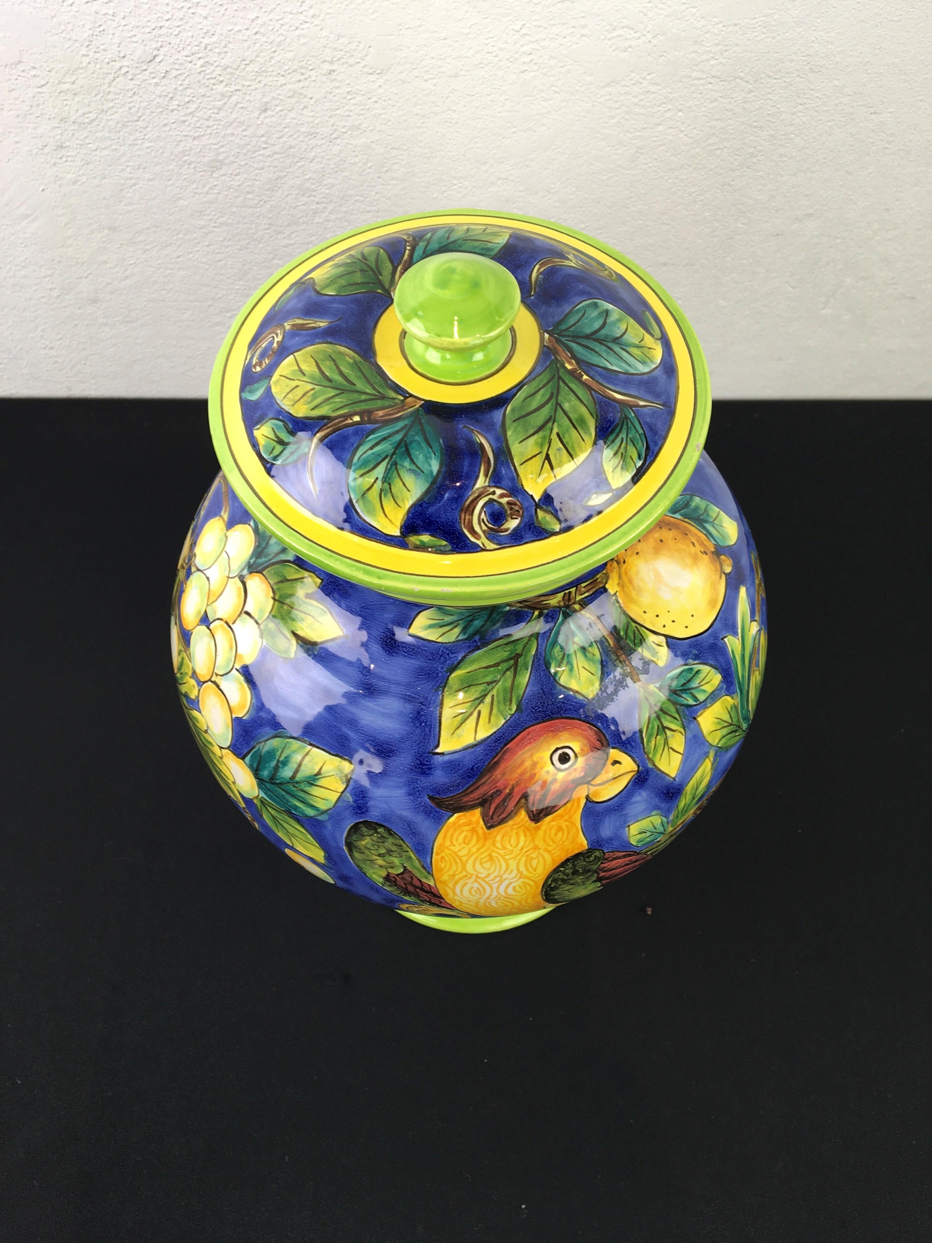 Mid-Century Modern Glazed Blue Ceramic Jar with Bird, Lemons and Lid For Sale