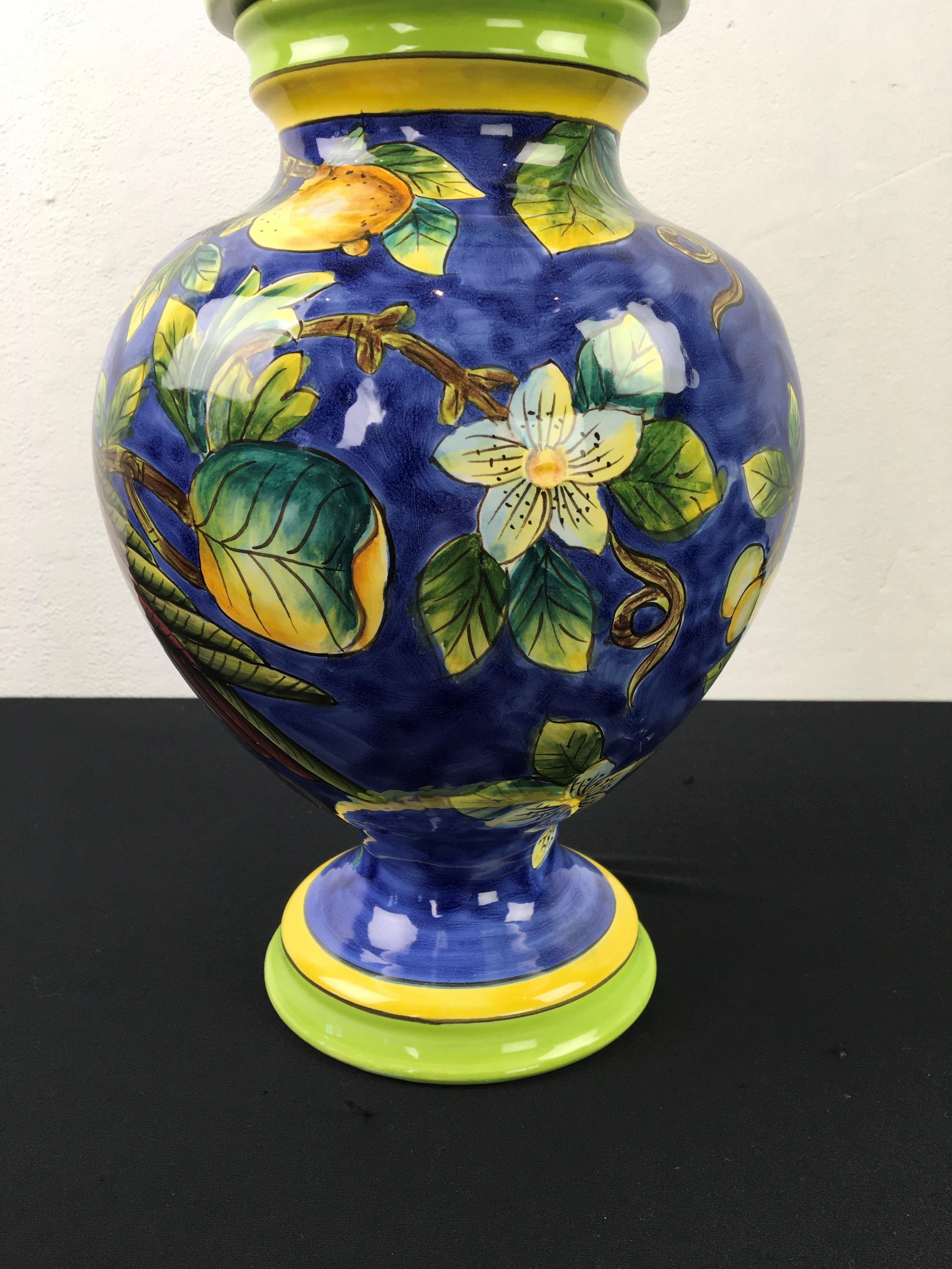 20th Century Glazed Blue Ceramic Jar with Bird, Lemons and Lid For Sale