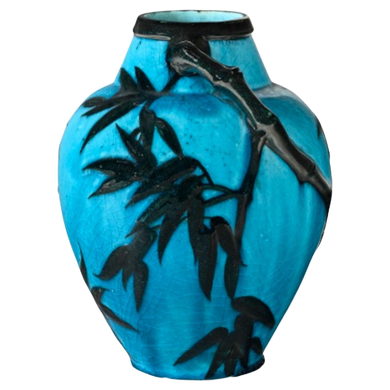 Vaso "Bamboo" in ceramica blu Egitto smaltata di Raoul Lachenal