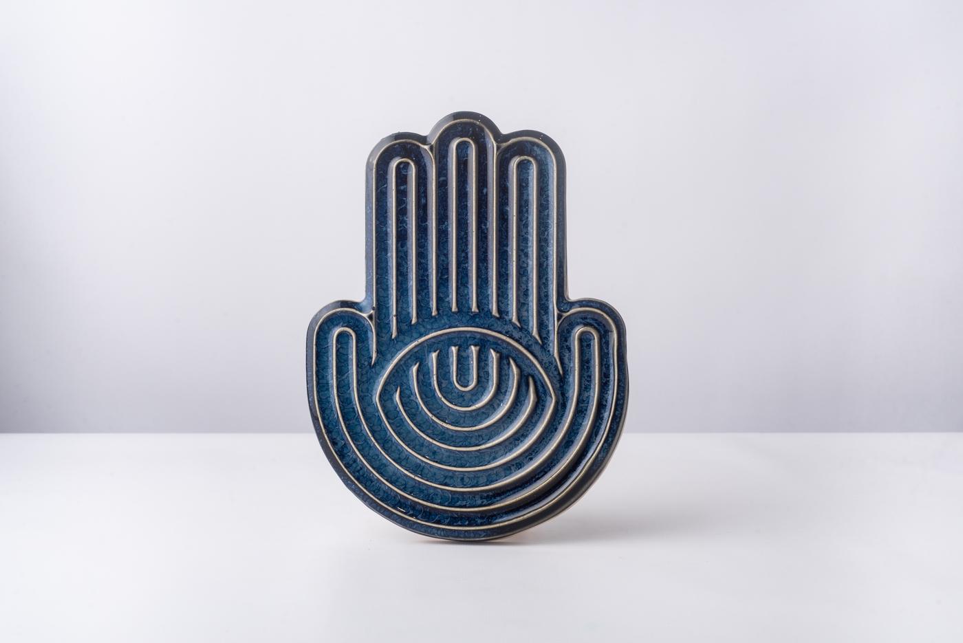 Hamsa Fatima Hand Glazed Blue High Temperature Ceramic Tray In New Condition In Mexico City, MX