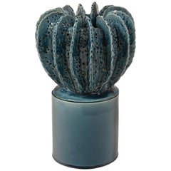 Glazed Blue Large Candleholder with Sculpted Lid by Laura Gonzalez