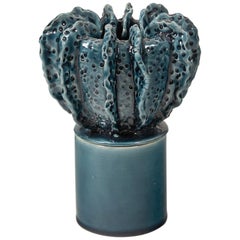Glazed Blue Medium Candle Holder with Sculpted Lid by Laura Gonzalez