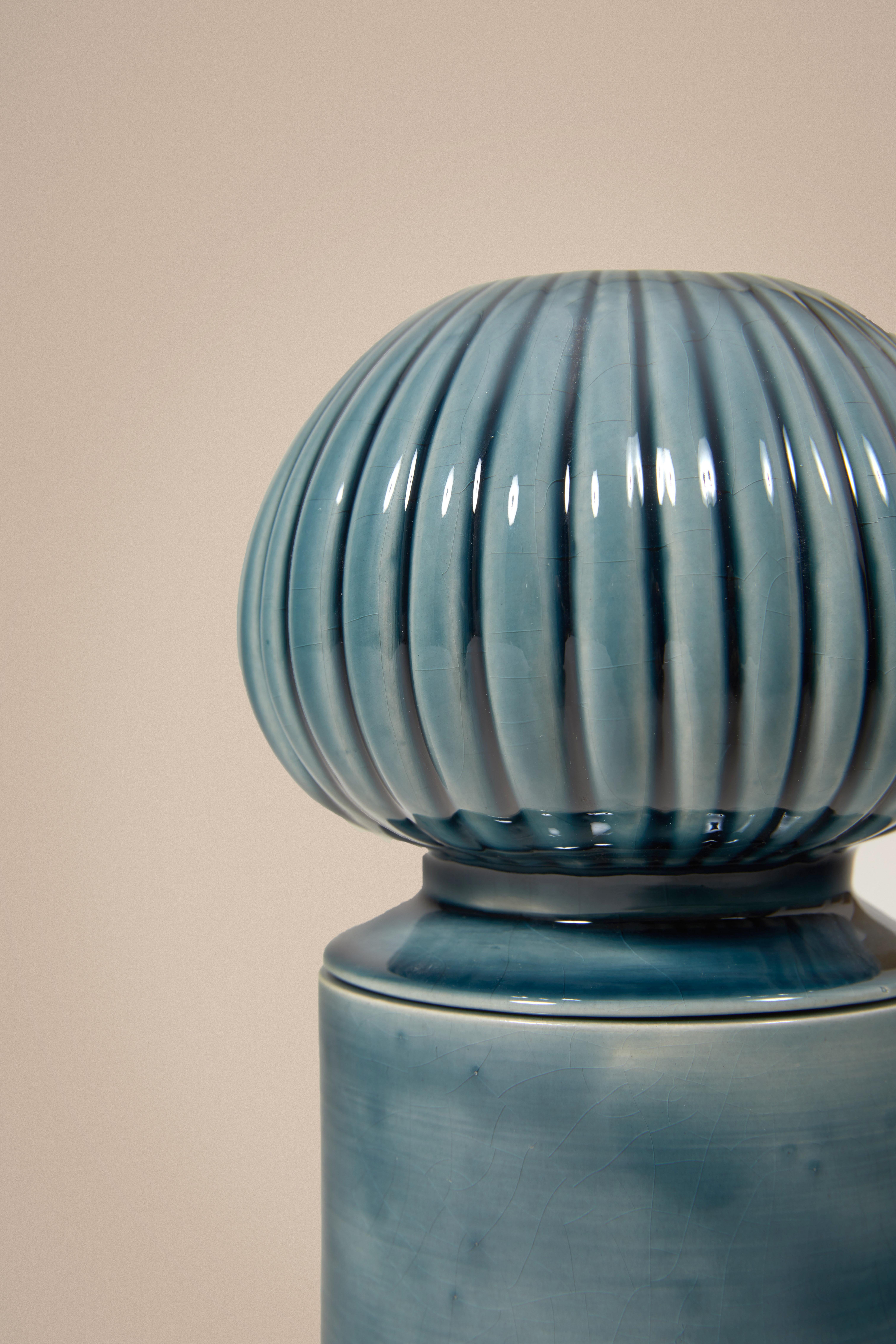 Art Deco Glazed Blue Medium Ceramic Candle Holder with Sculpted Lid by Laura Gonzalez