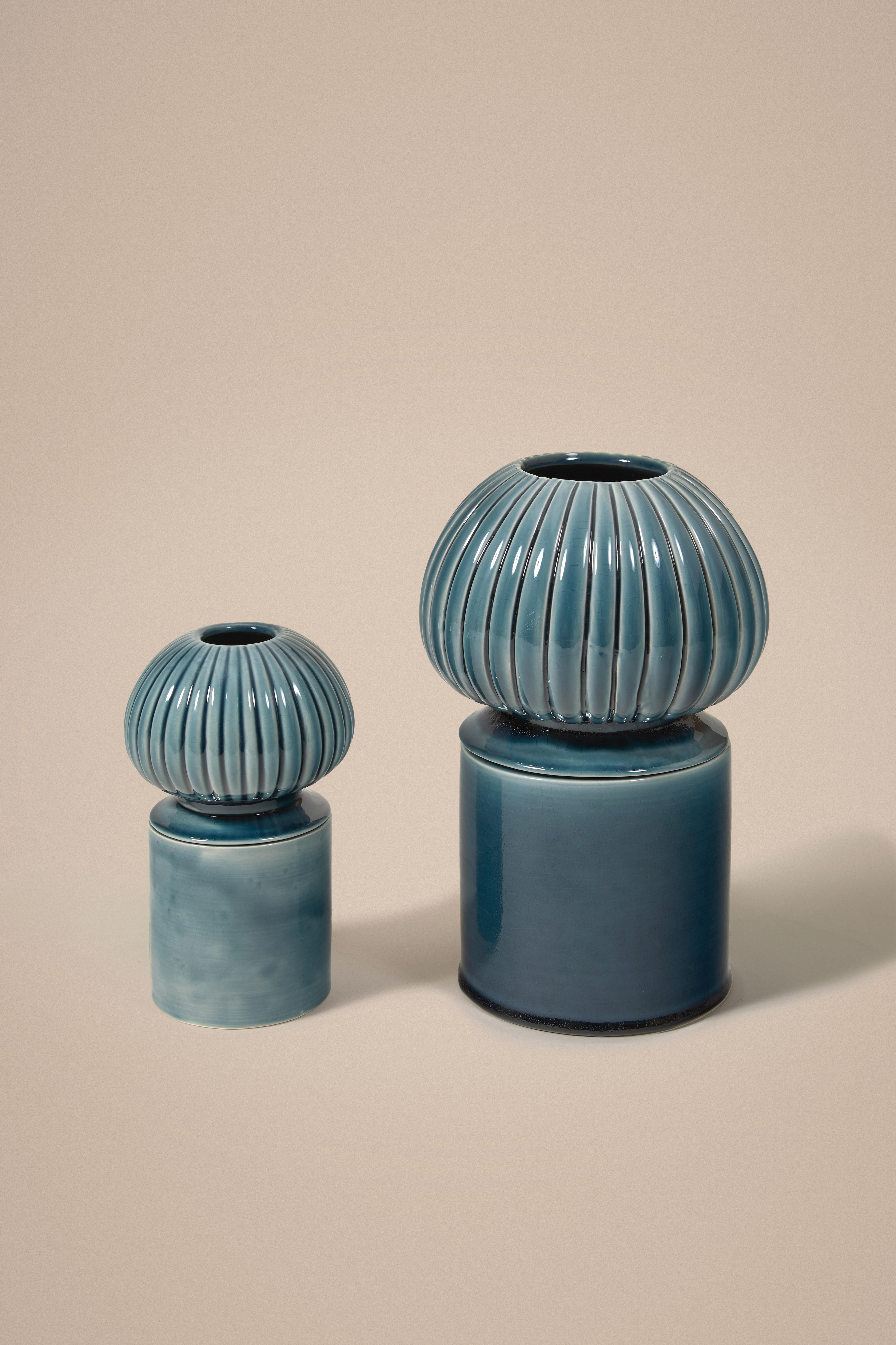 French Glazed Blue Medium Ceramic Candle Holder with Sculpted Lid by Laura Gonzalez
