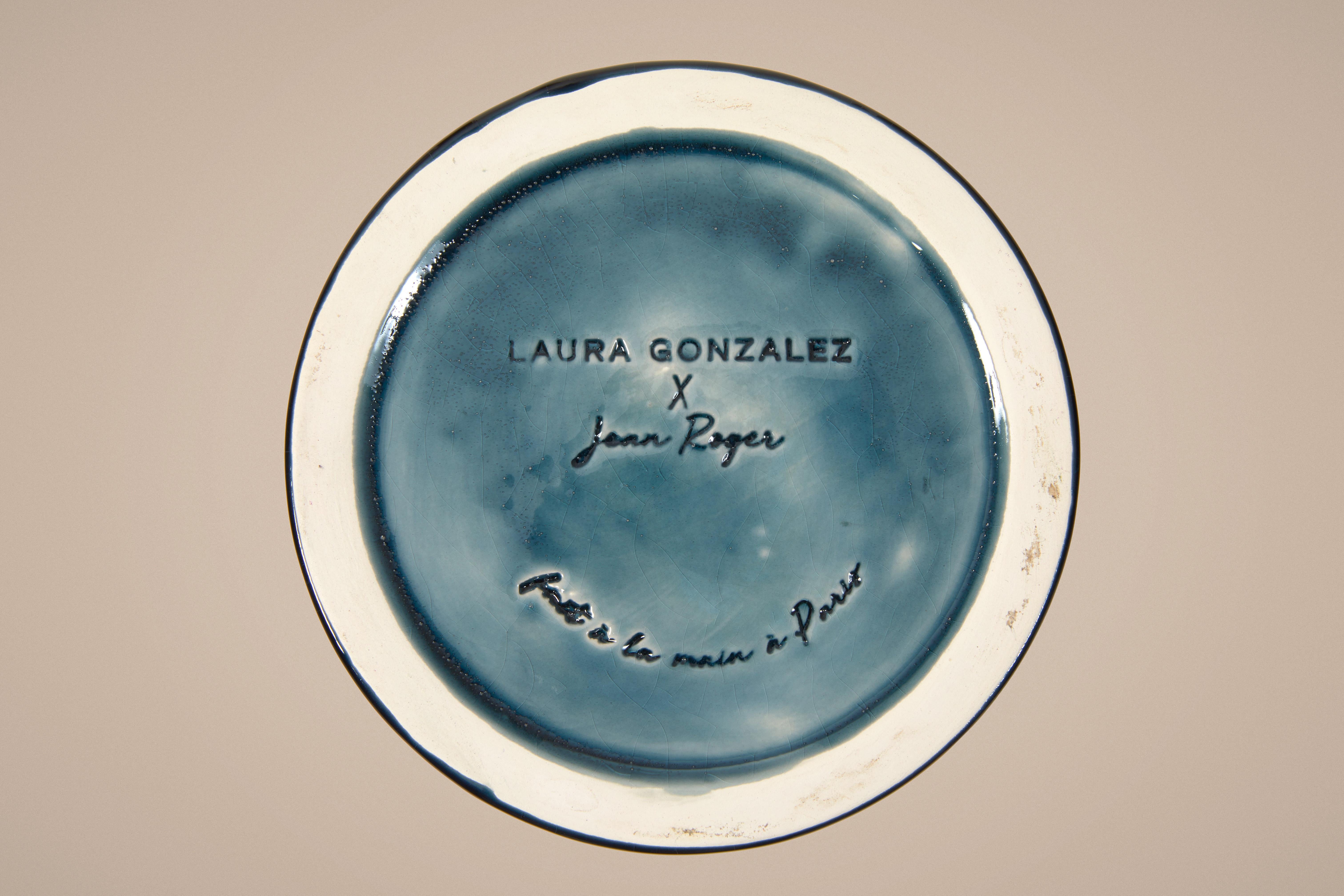 Glazed Blue Medium Ceramic Candle Holder with Sculpted Lid by Laura Gonzalez In New Condition In Paris, FR