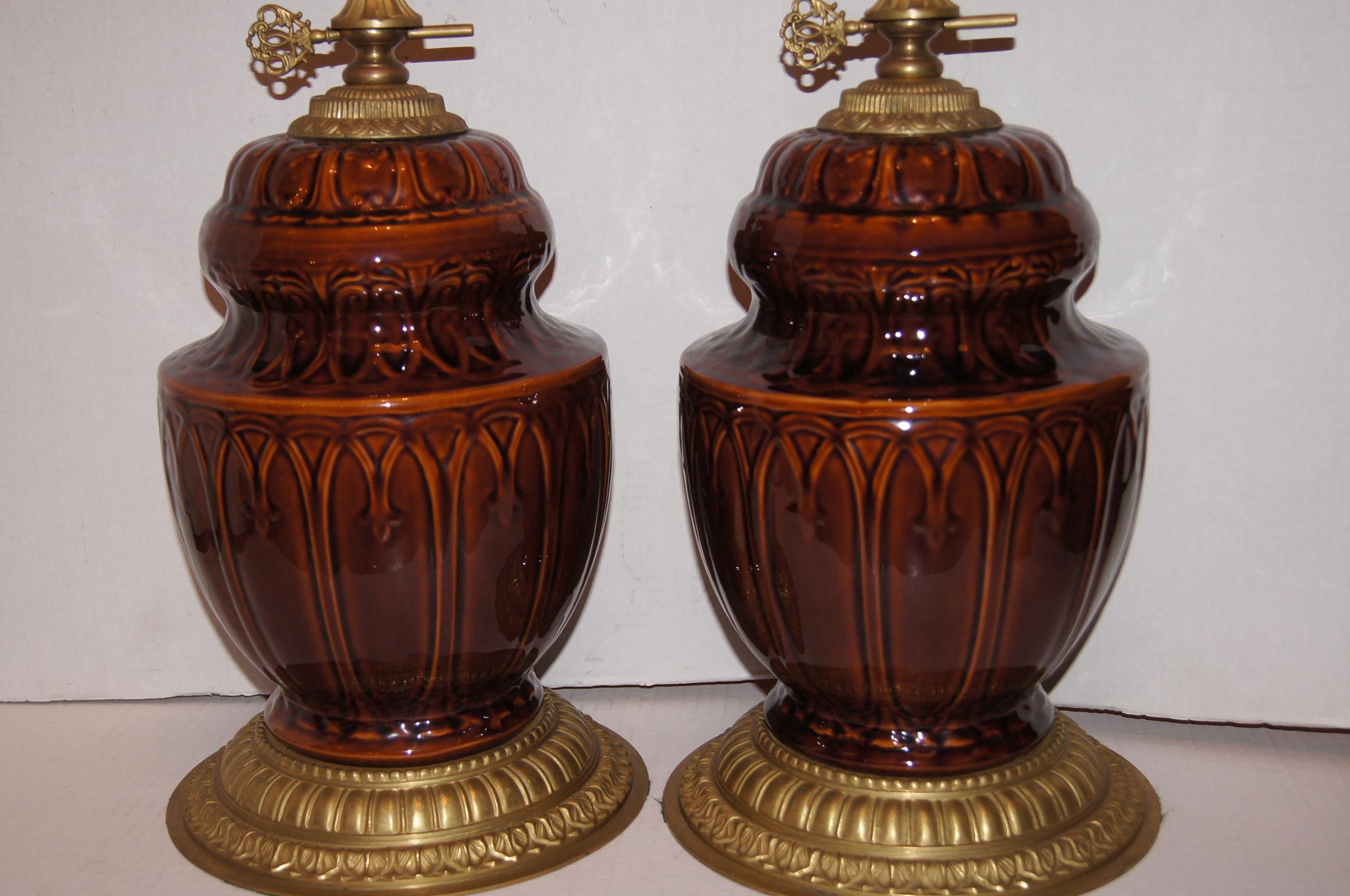 French Glazed Brown Porcelain Table Lamps For Sale