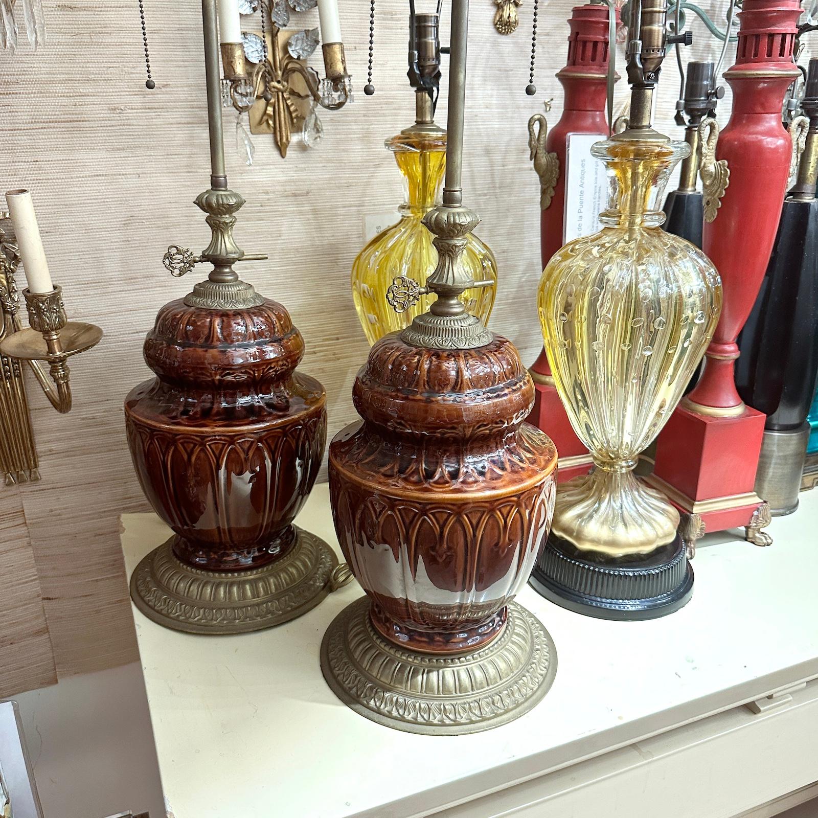 Mid-20th Century Glazed Brown Porcelain Table Lamps For Sale