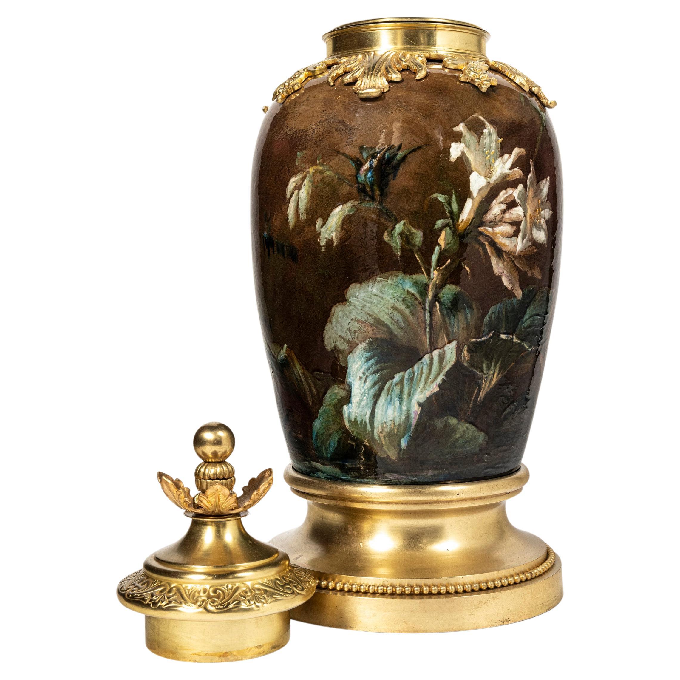 Vaso in ceramica smaltata e bronzo, firmato E. Petit, Francia, fine del XIX secolo. in vendita