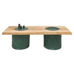 Glazed Ceramic and Wood Coffee Table with Candle Holder and Bowl by Ellen Pong