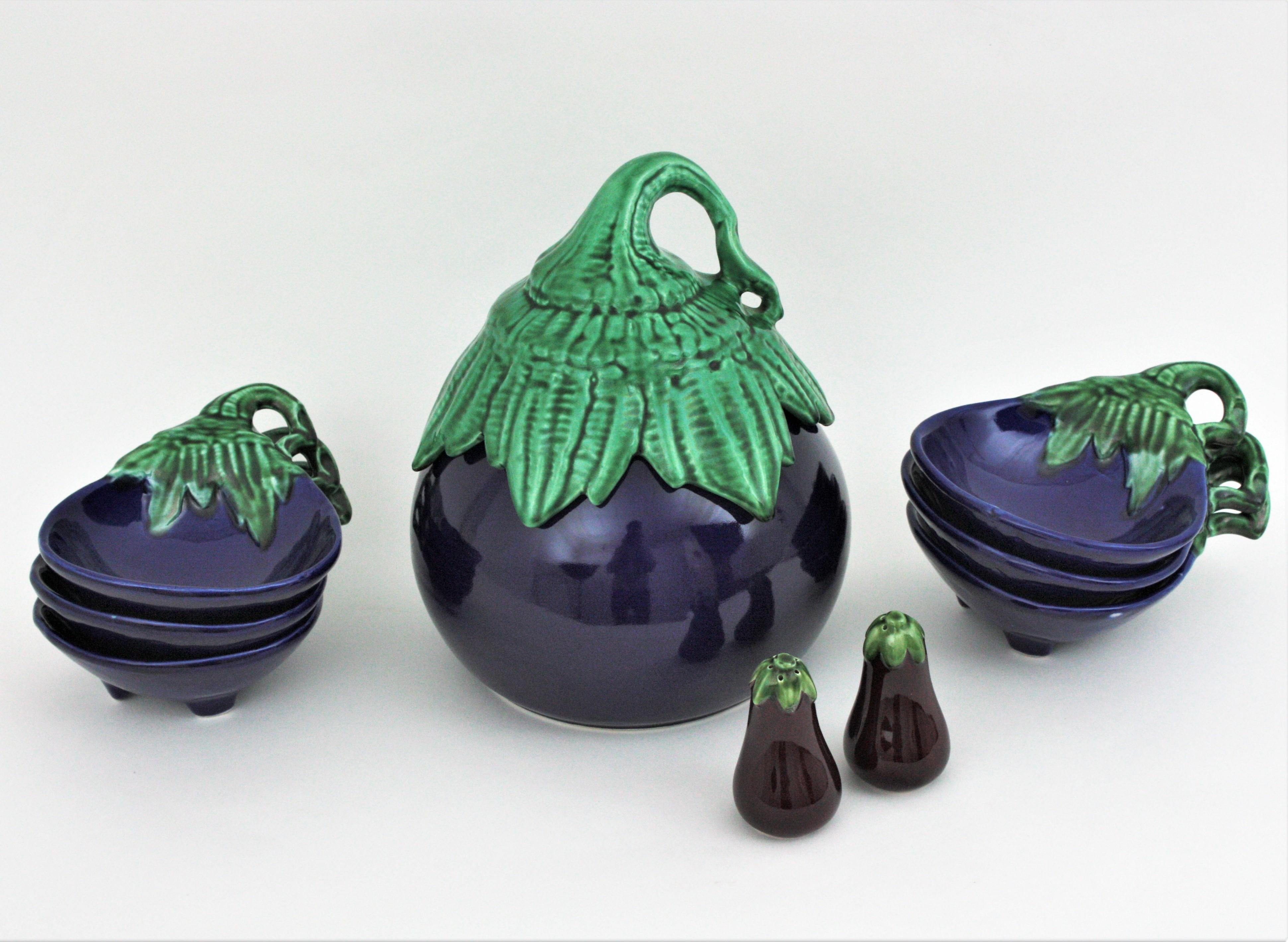 Mid-Century Modern Glazed Ceramic Aubergine Eggplant Server Set, 1960s For Sale