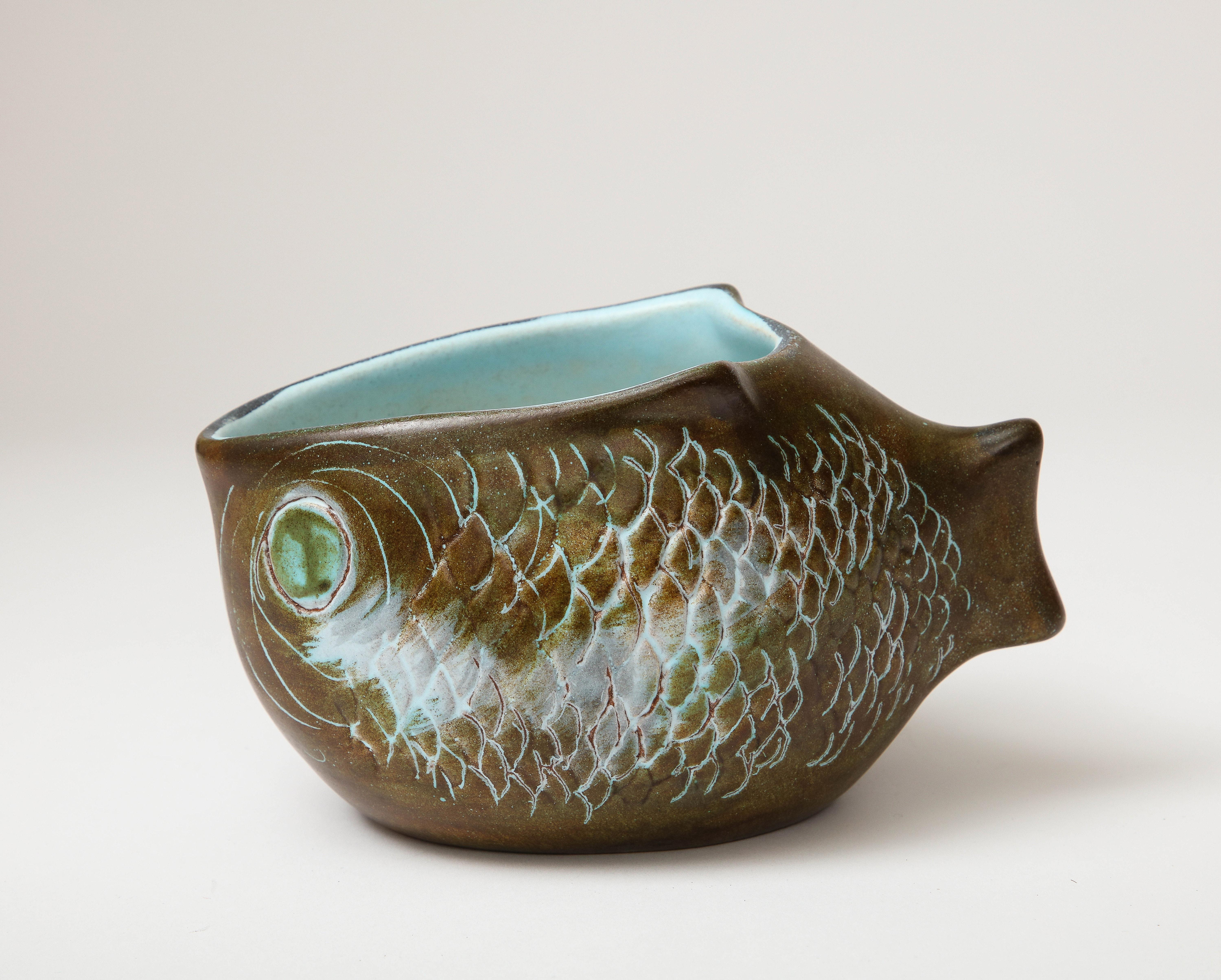 Glazed Ceramic Bowl in the Shape of a Fish, Guillot, c. 1960 For Sale 5