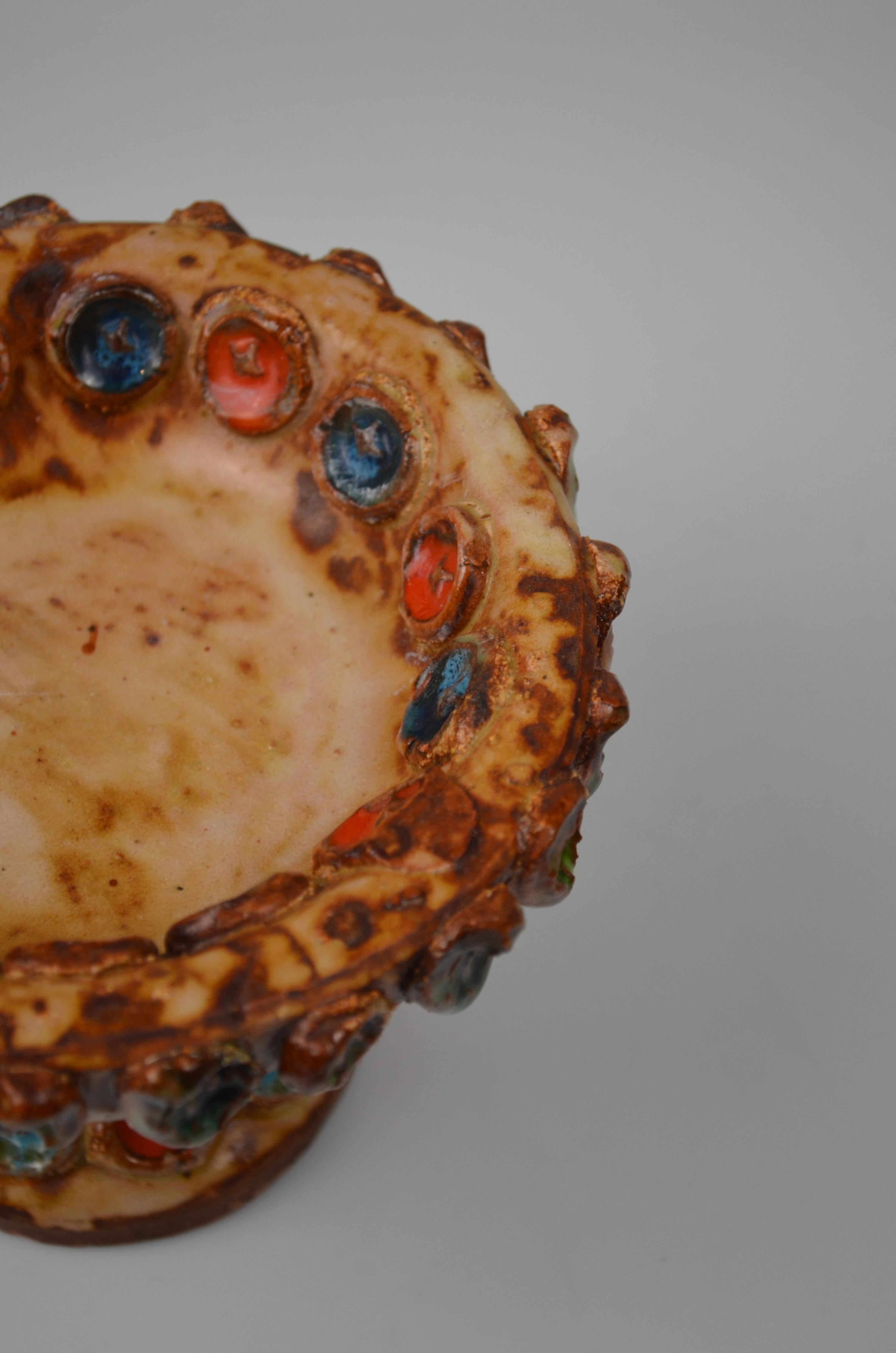 Bol en céramique émaillée avec cabochons multicolores par La Roue, France, années 1960 en vente 2