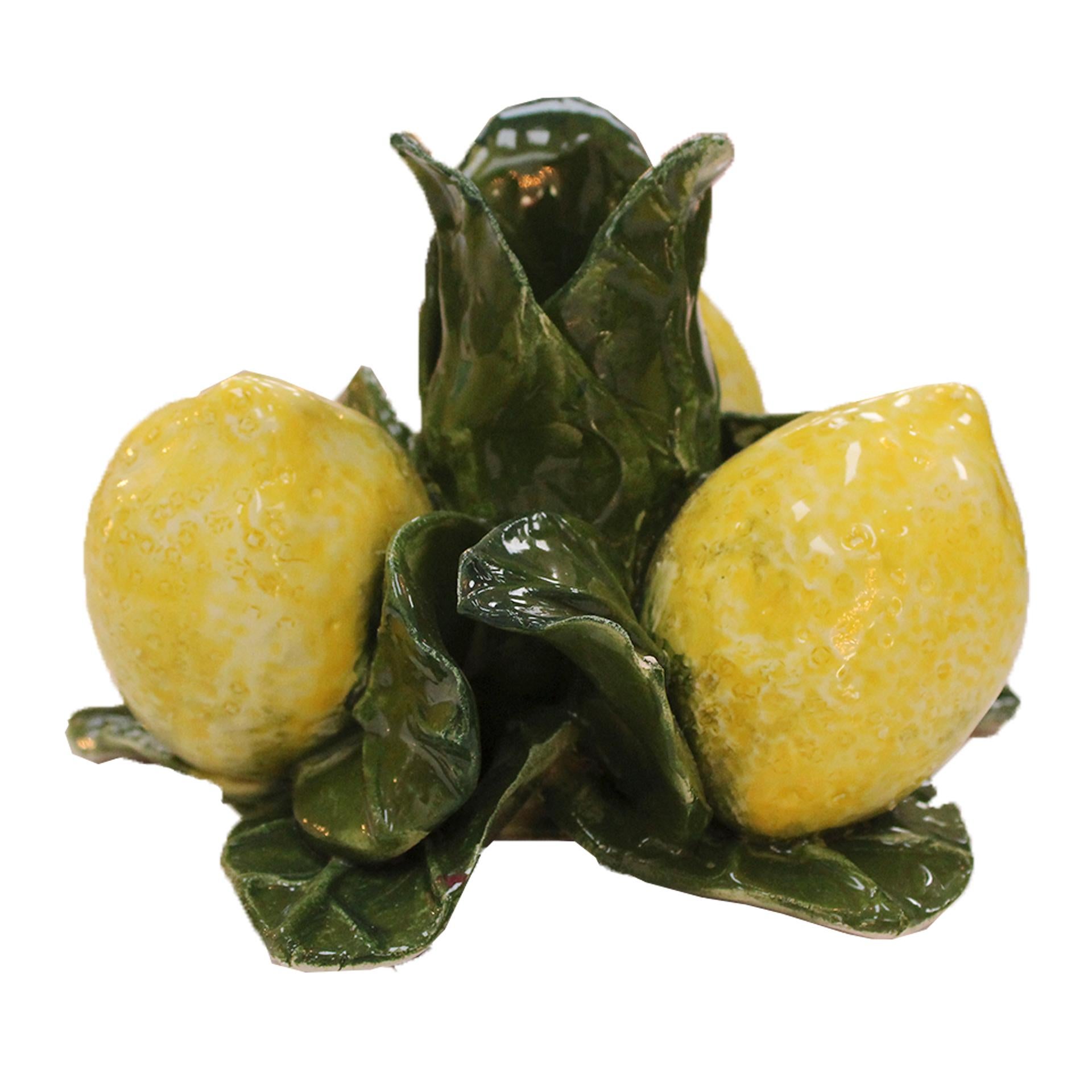 Glasiertes gelbes und grünes Keramikkandelaber mit Zitronenmotiven (Moderne der Mitte des Jahrhunderts) im Angebot