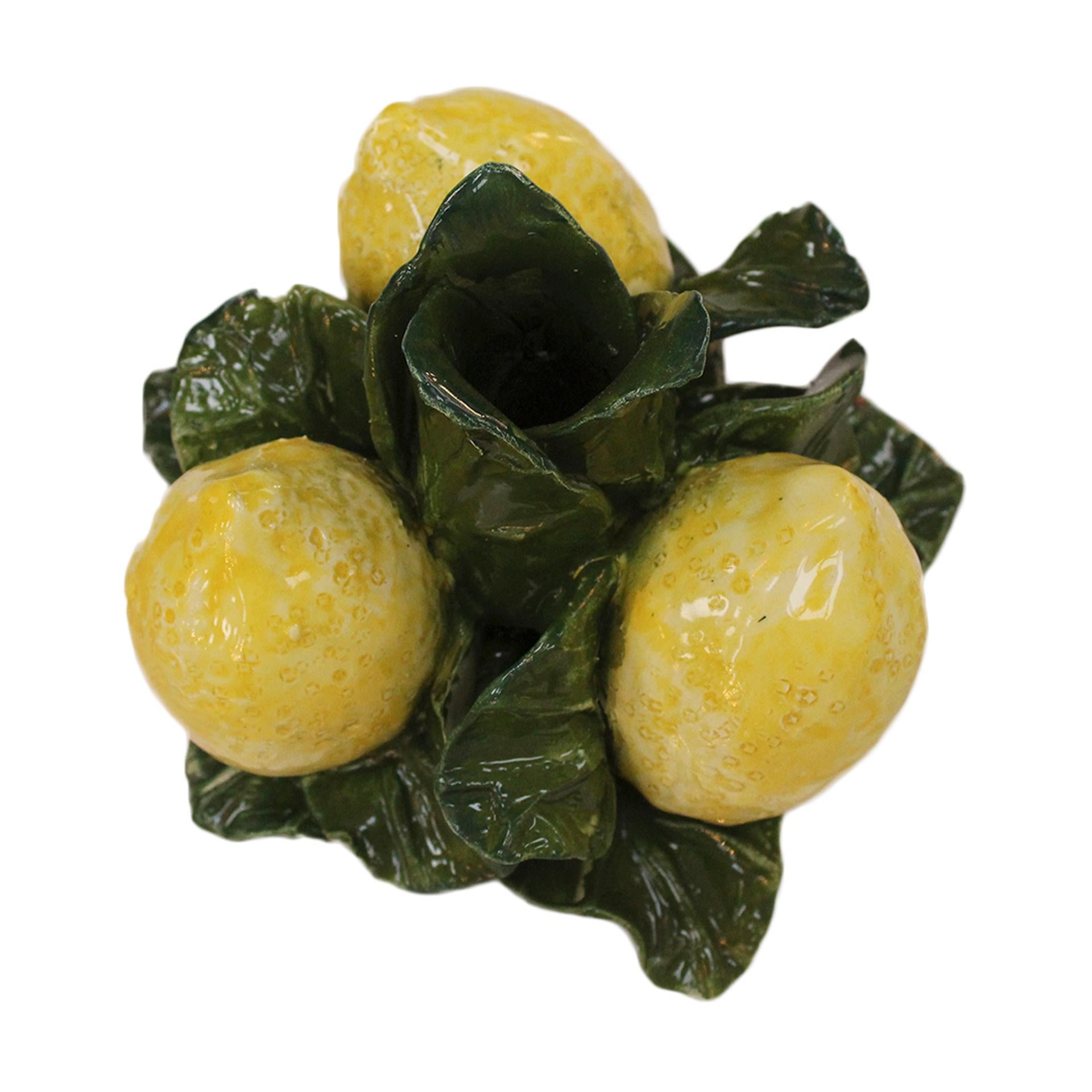 italien Candelier en céramique émaillée jaune et verte avec motifs de citron en vente
