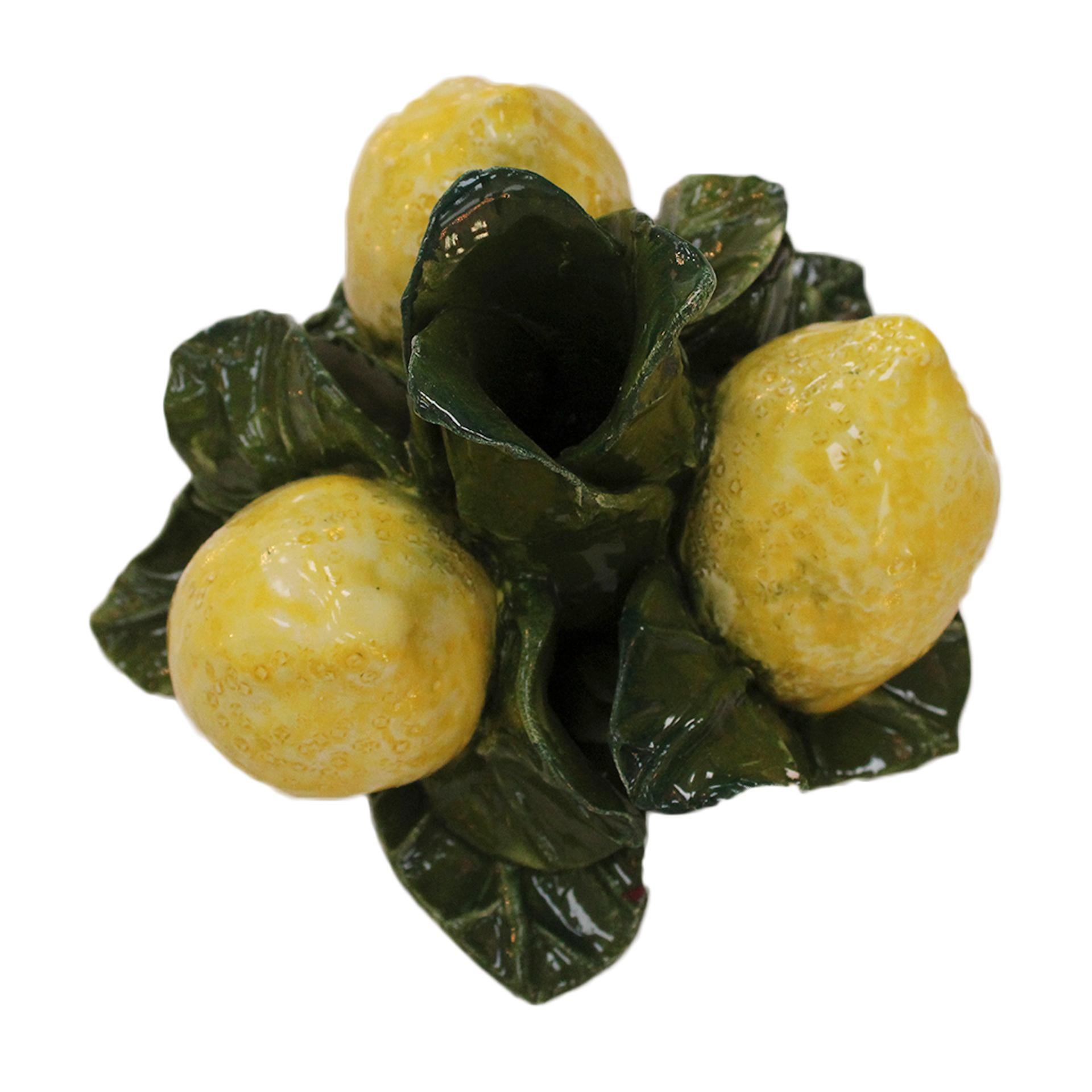 Vernissé Candelier en céramique émaillée jaune et verte avec motifs de citron en vente