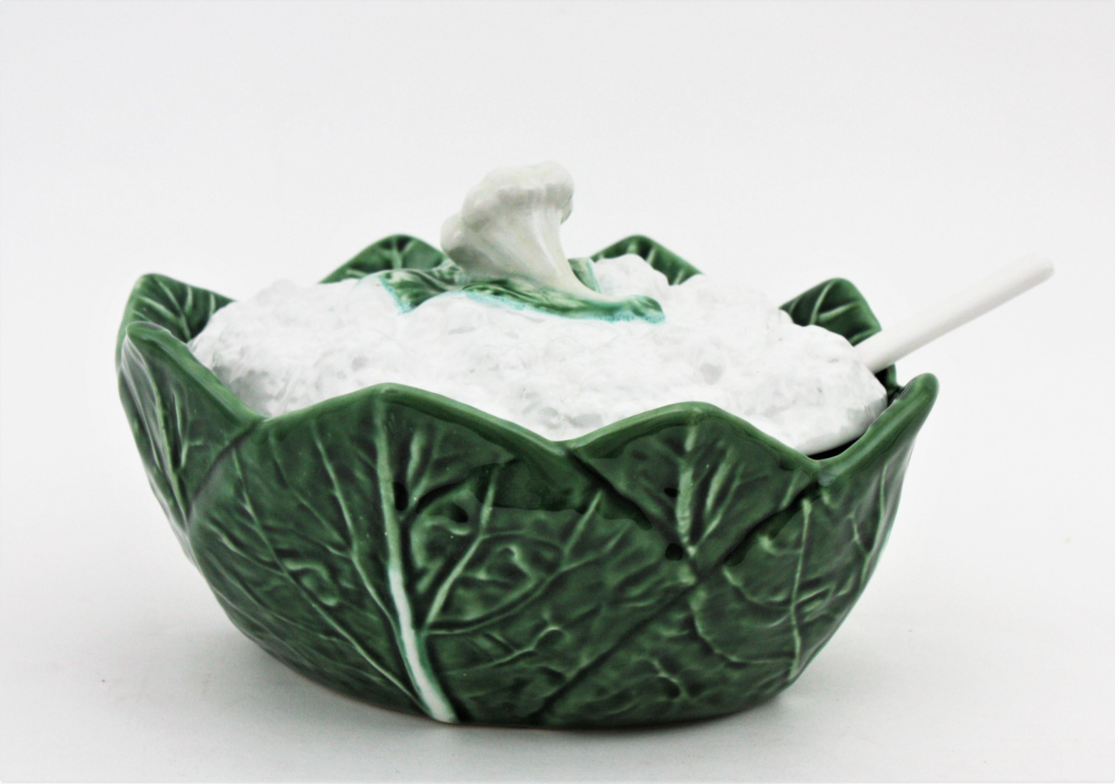 Spanish Majolica Cauliflower Tureen Centerpiece in Glazed Ceramic, 1960s For Sale