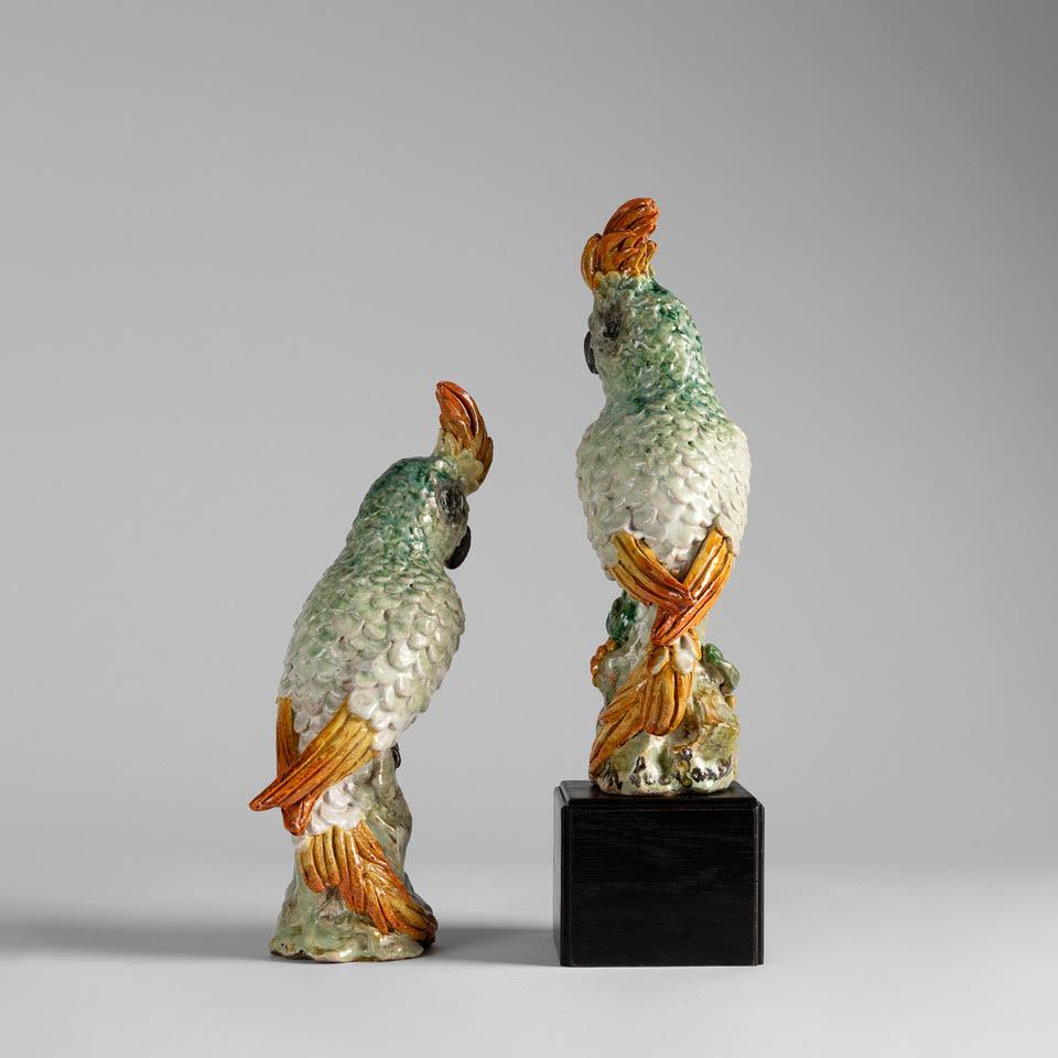 French Glazed Ceramic Cockatoos, Luc and Marjolaine Lanel, France, circa 1950