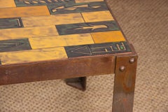 Glasierter Keramik-Couchtisch mit Stahlgestell von Jean Garbero, Vallauris, 1950.