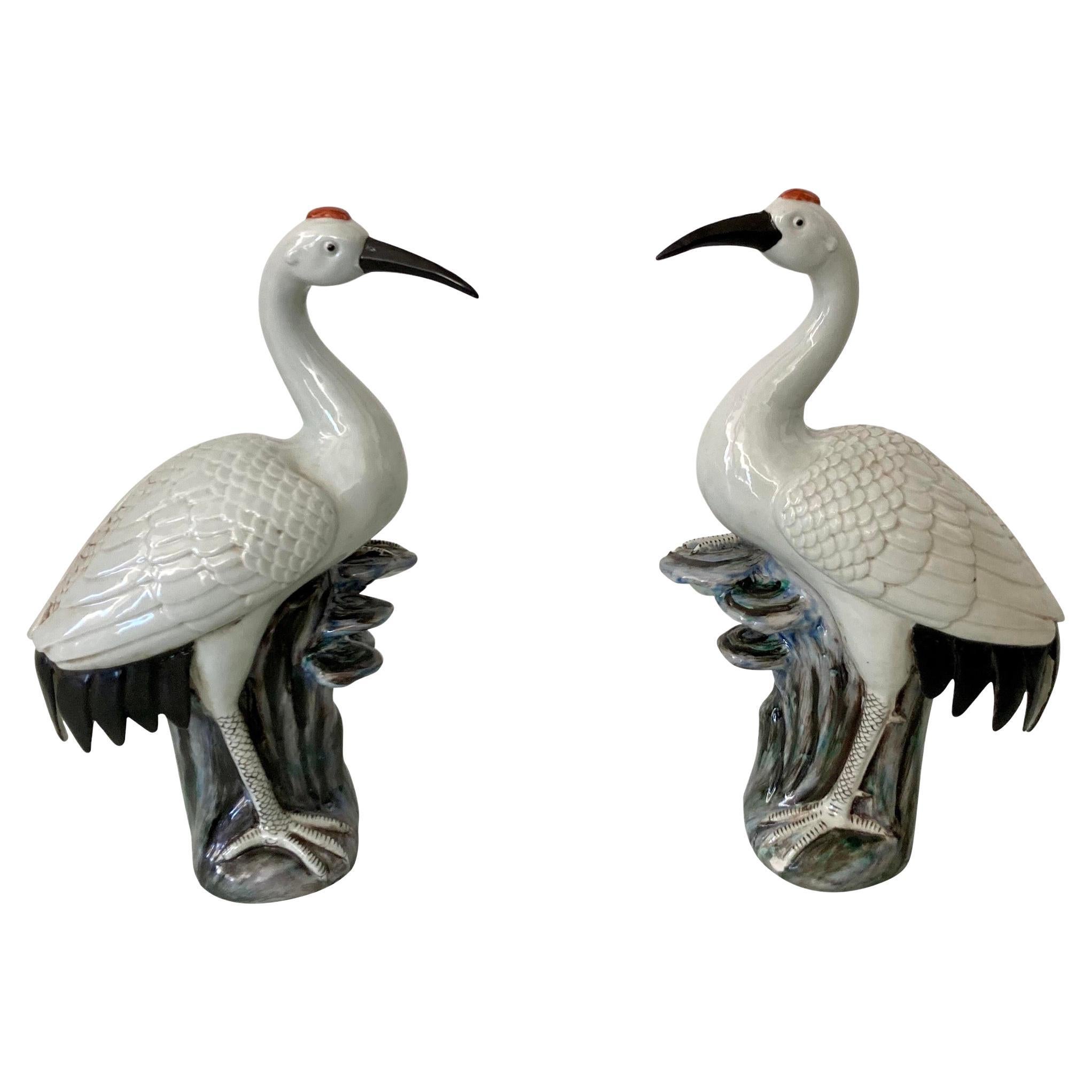 Glazed Ceramic Crane Birds, a Pair