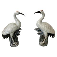 Glazed Ceramic Crane Birds, a Pair