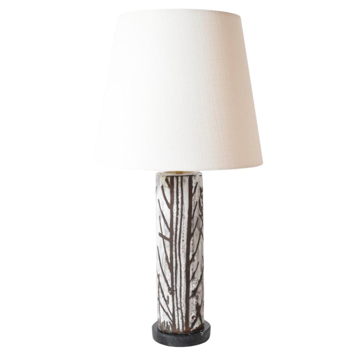 Glazed ceramic cylinder lamp with an incised pattern, 1950s For Sale