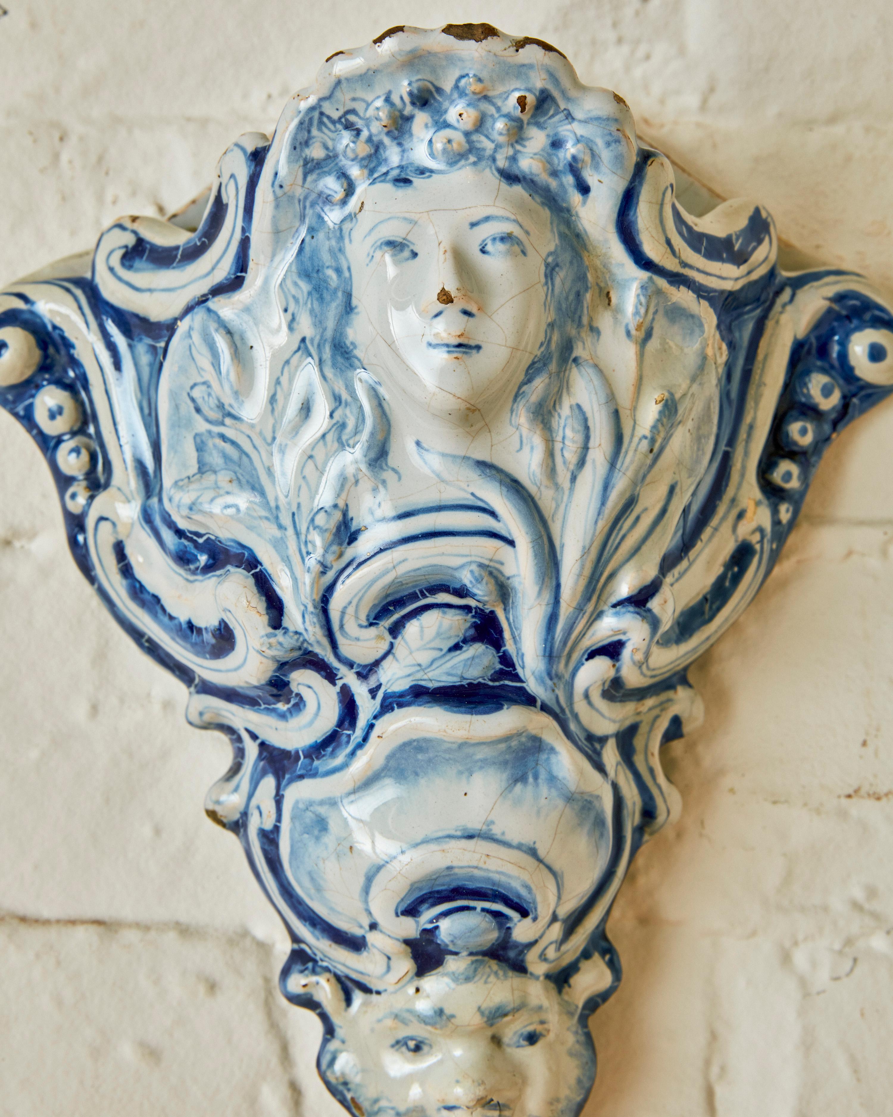 Mid-Century Modern Glazed Ceramic Delft Wall Pocket  For Sale