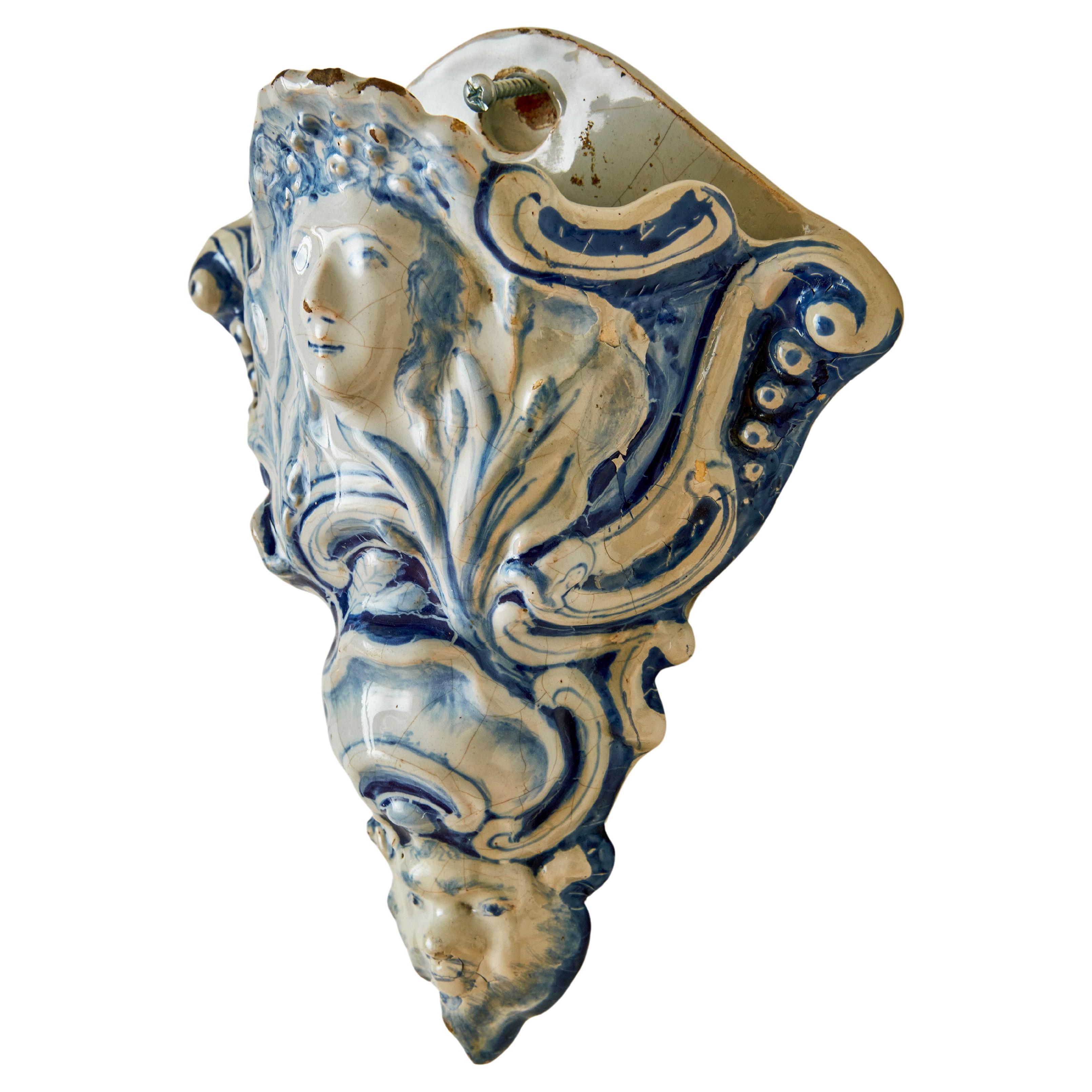 Glazed Ceramic Delft Wall Pocket  For Sale