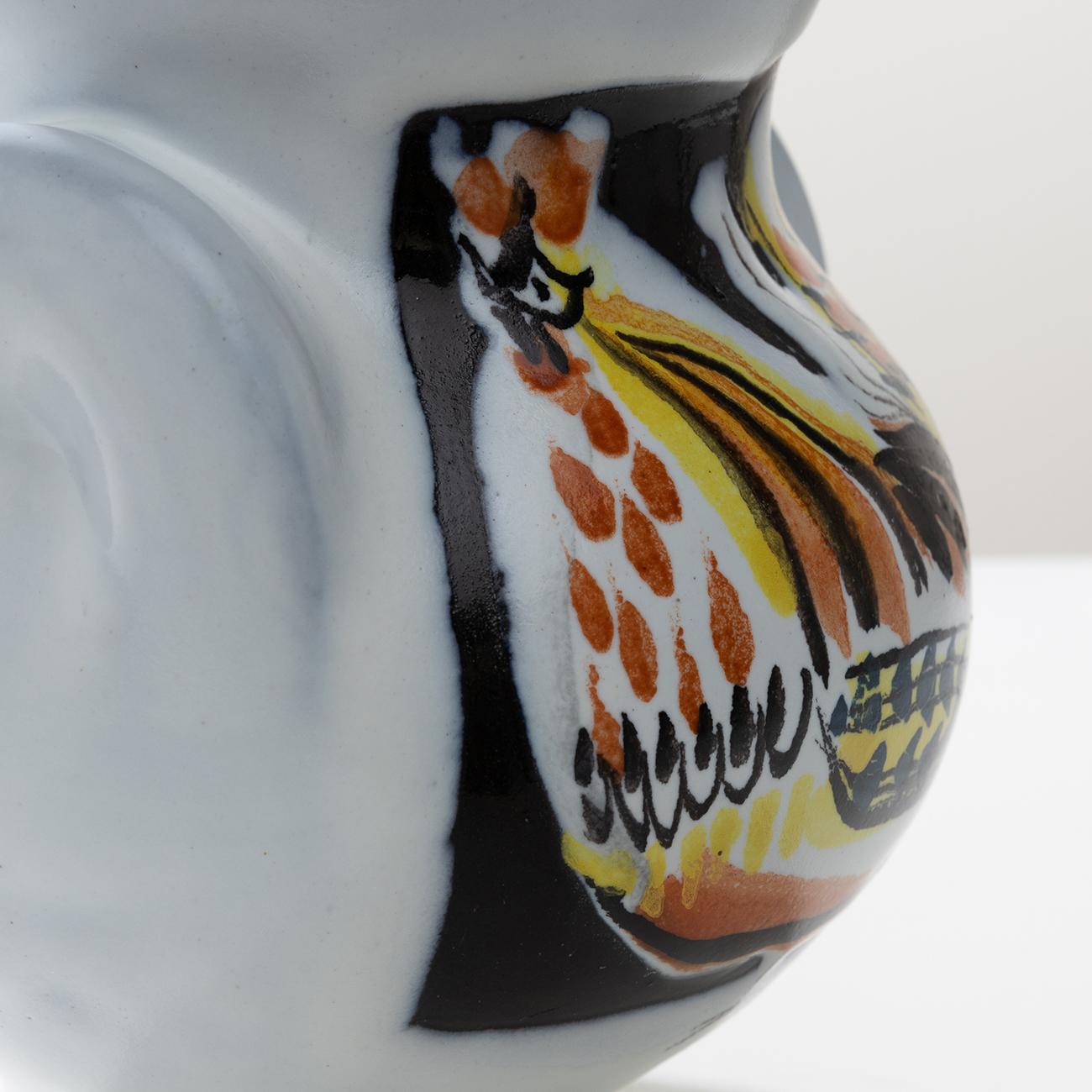 Mid-Century Modern Glazed Ceramic Ear Vase with Rooster Decoration by Roger Capron, Vallauris