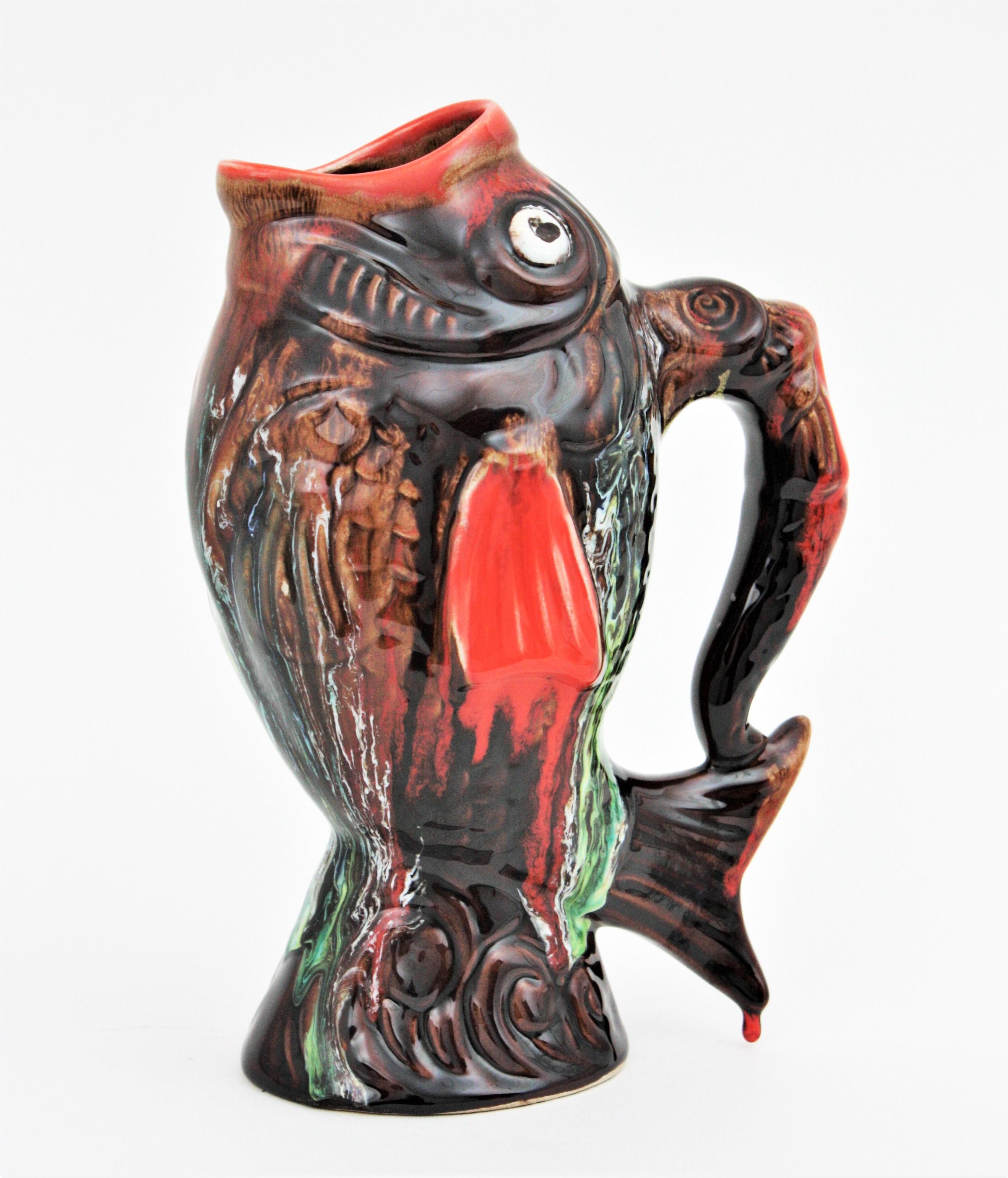 Glazed Ceramic Gurgle Fish Jug Pitcher by Vallauris, 1950s For Sale 5