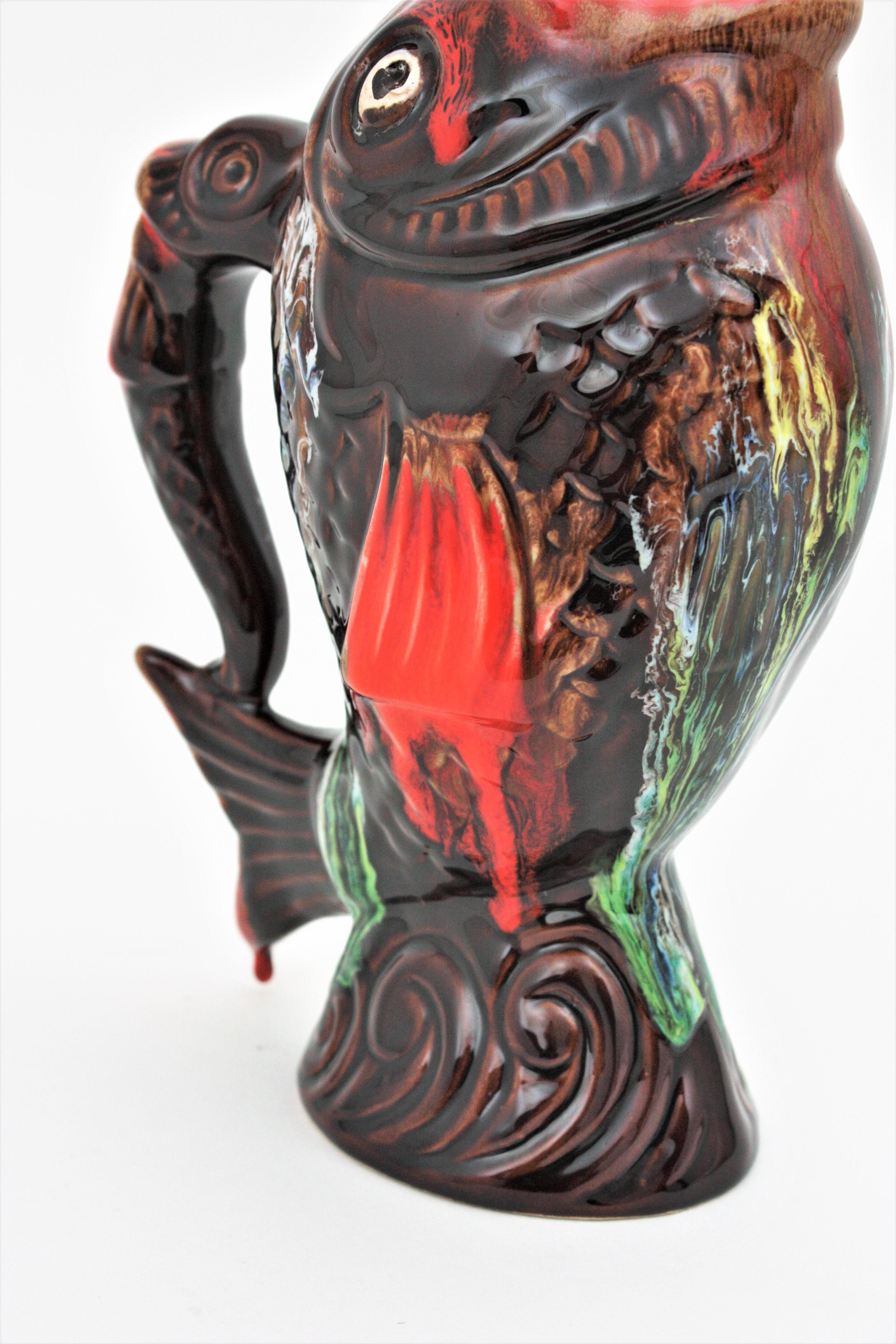 Glasierter Gurgle-Fischkrug aus Keramik von Vallauris, 1950er Jahre im Angebot 6