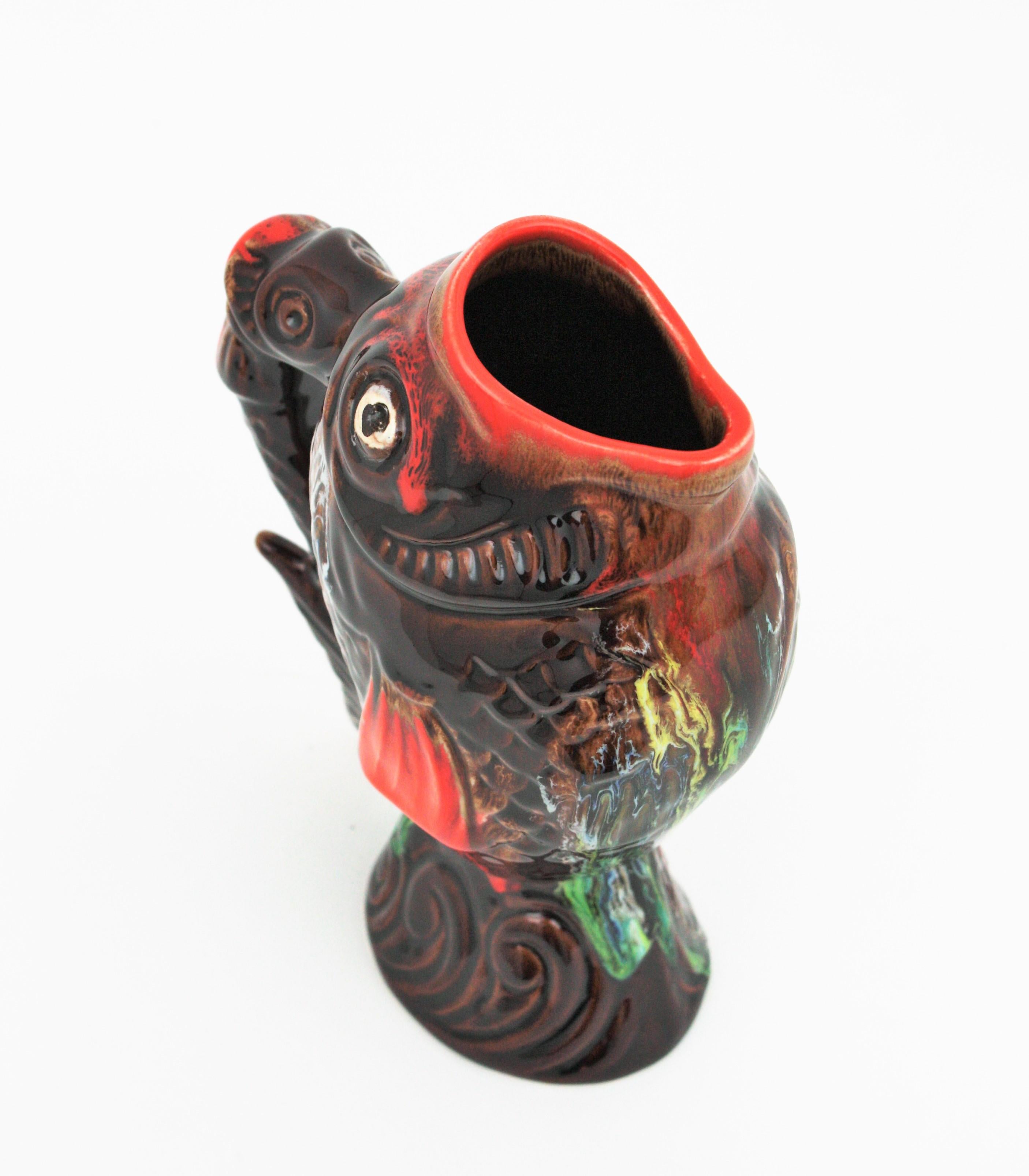 Glazed Ceramic Gurgle Fish Jug Pitcher by Vallauris, 1950s For Sale 7