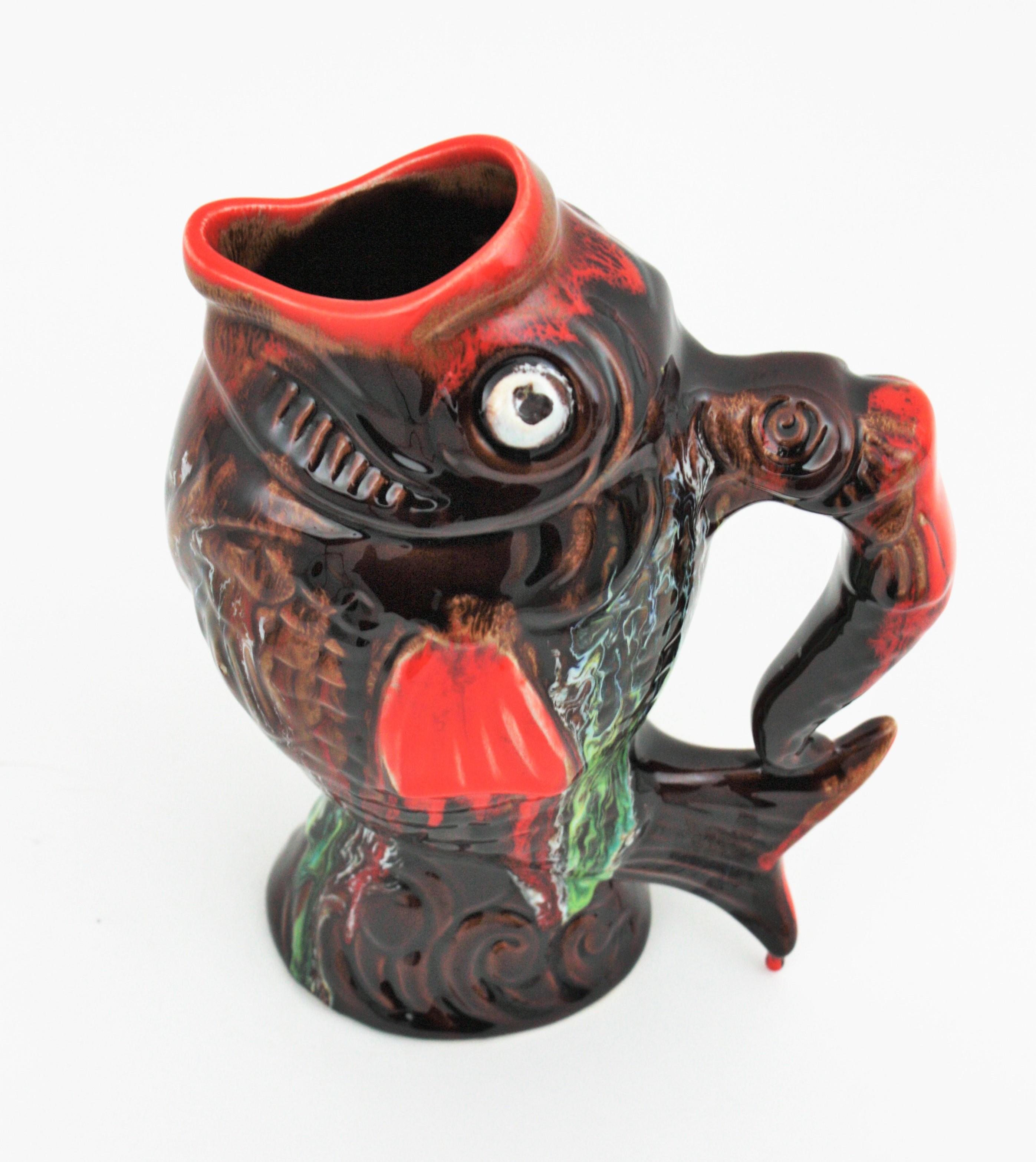 Glazed Ceramic Gurgle Fish Jug Pitcher by Vallauris, 1950s For Sale 8