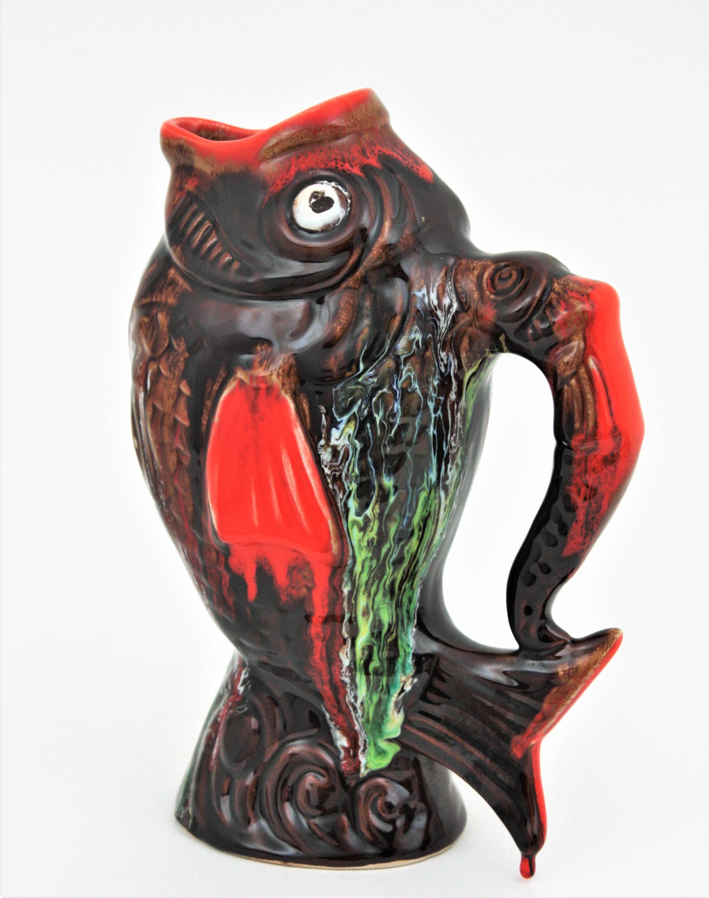 Mid-Century Modern Glazed Ceramic Gurgle Fish Jug Pitcher by Vallauris, 1950s For Sale