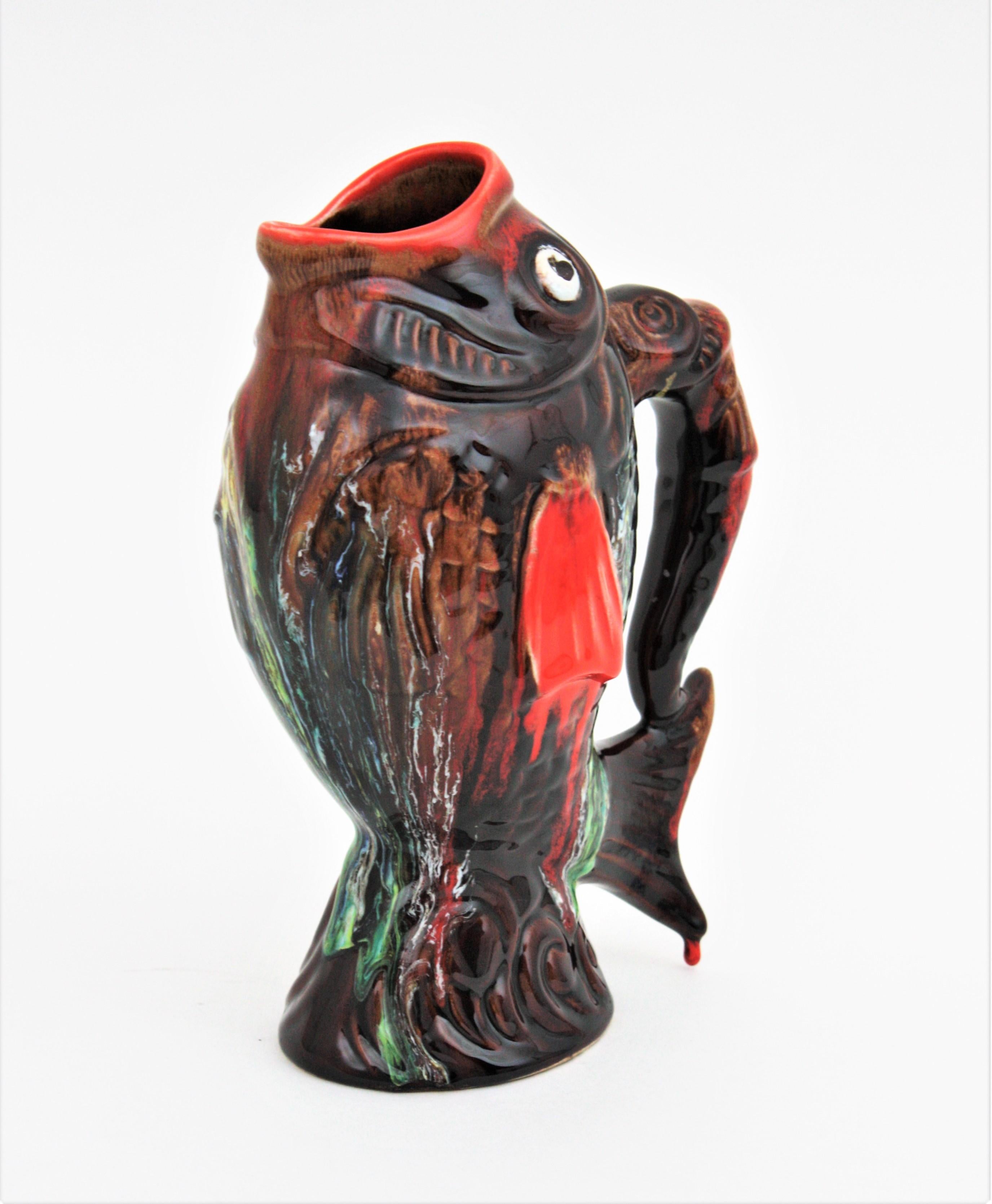 Glazed Ceramic Gurgle Fish Jug Pitcher by Vallauris, 1950s In Excellent Condition For Sale In Barcelona, ES