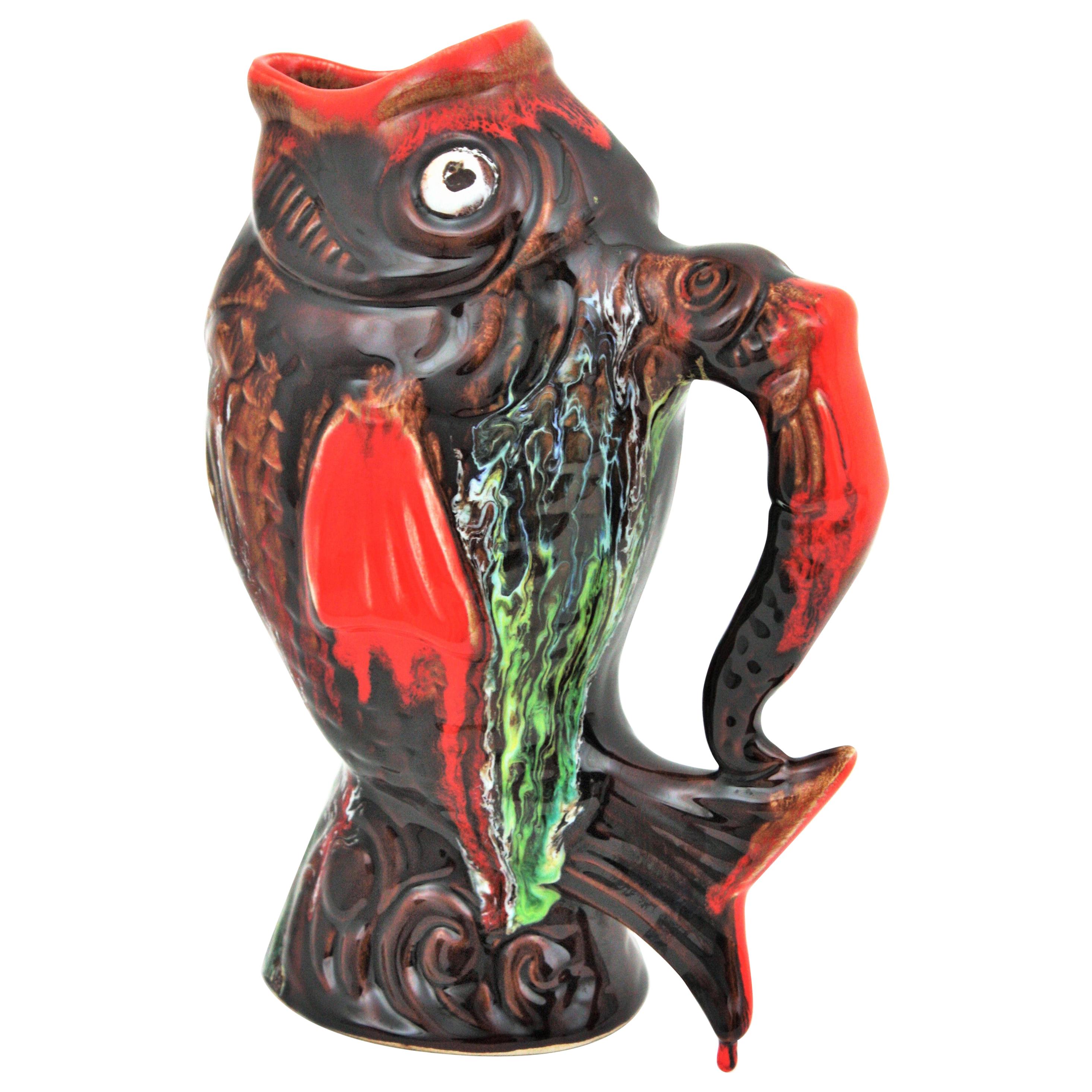 Glazed Ceramic Gurgle Fish Jug Pitcher by Vallauris, 1950s