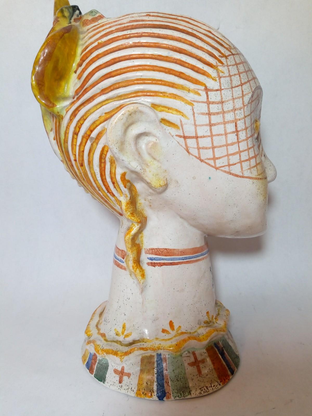 Beautiful ceramic head of a woman with painted veil, white base with colored glaze, attributed to Vally Wieselthier from the 