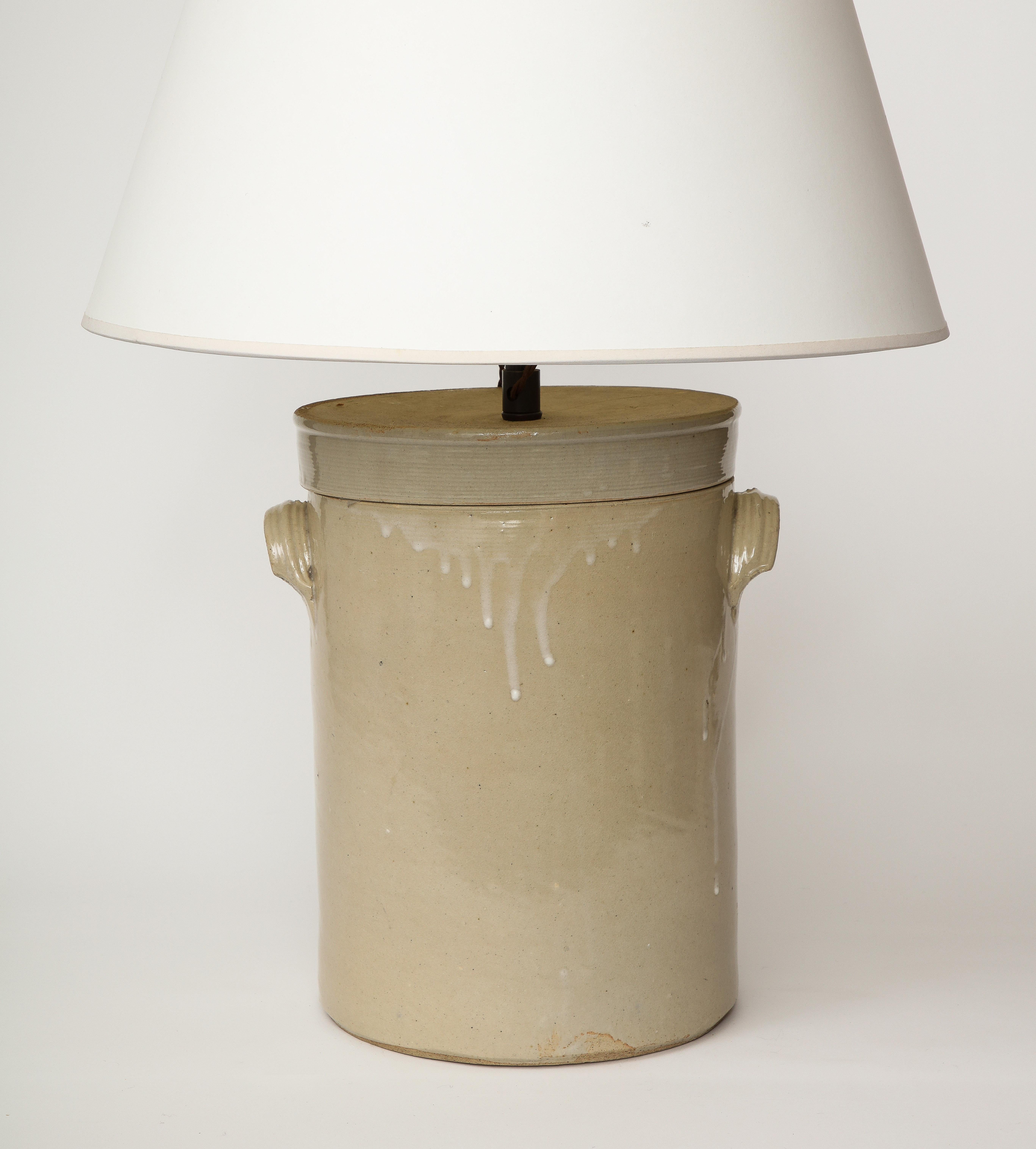 American Craftsman Glazed Ceramic Ironstone Butter Churn/Crock Table Lamp, United States