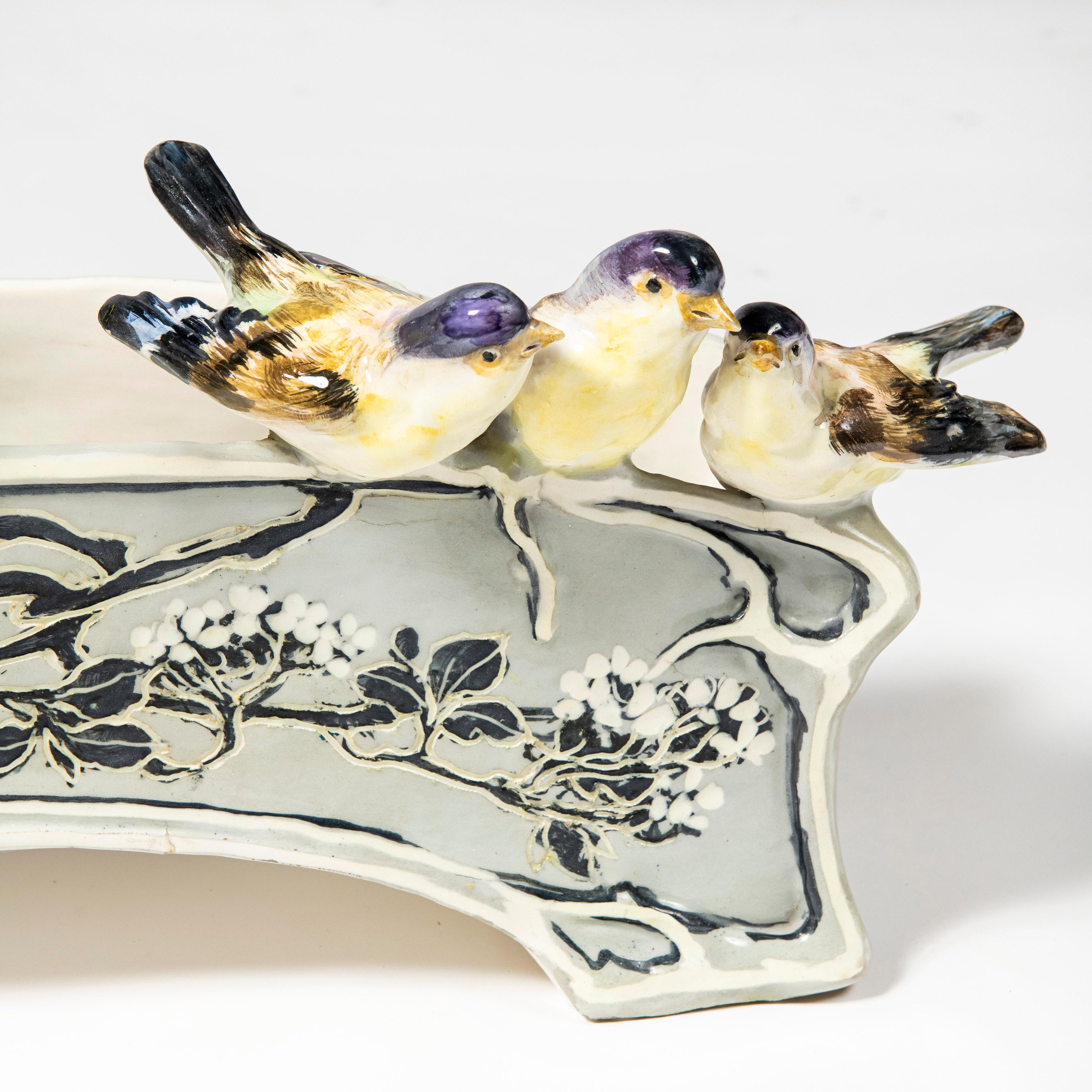 Art Nouveau Glazed Ceramic Jardiniere with Birds, France, Early 20th Century