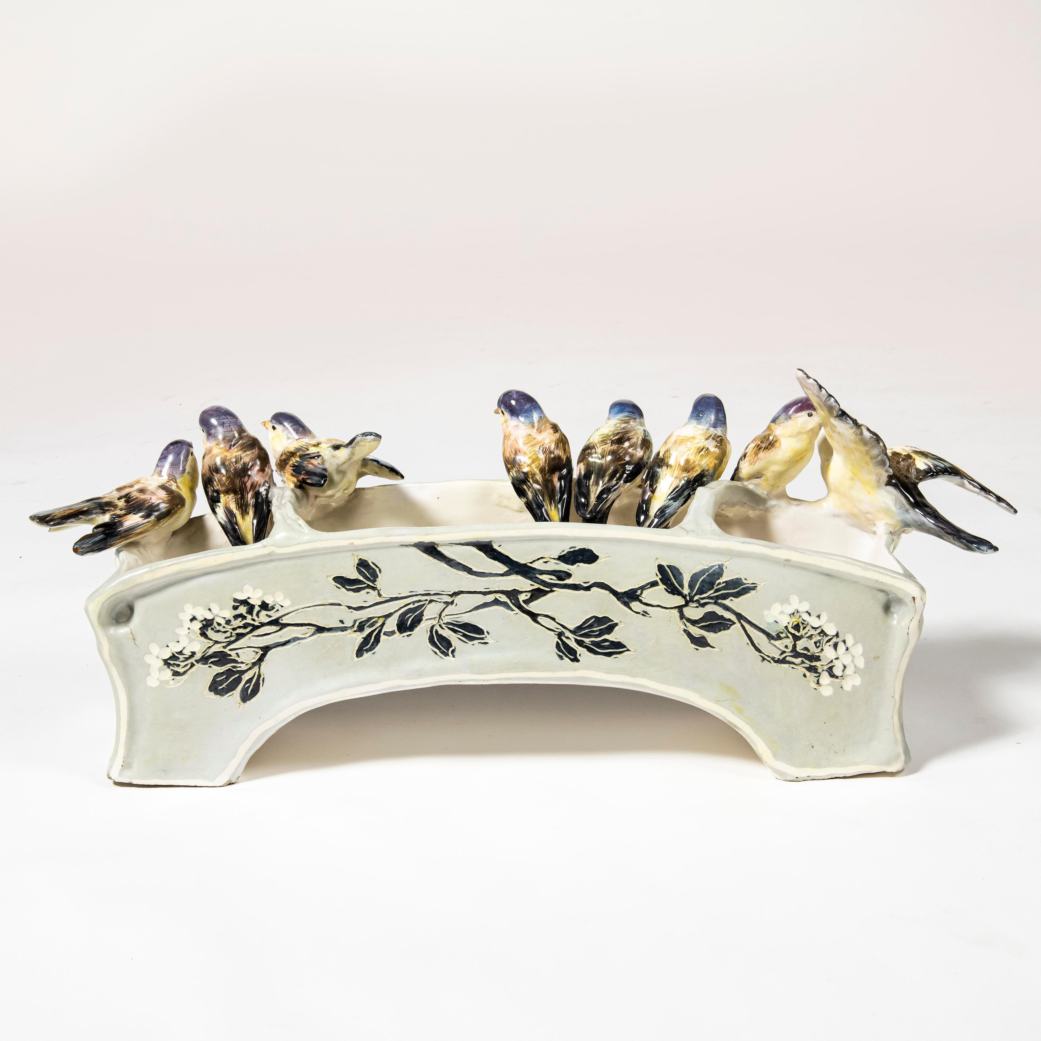French Glazed Ceramic Jardiniere with Birds, France, Early 20th Century