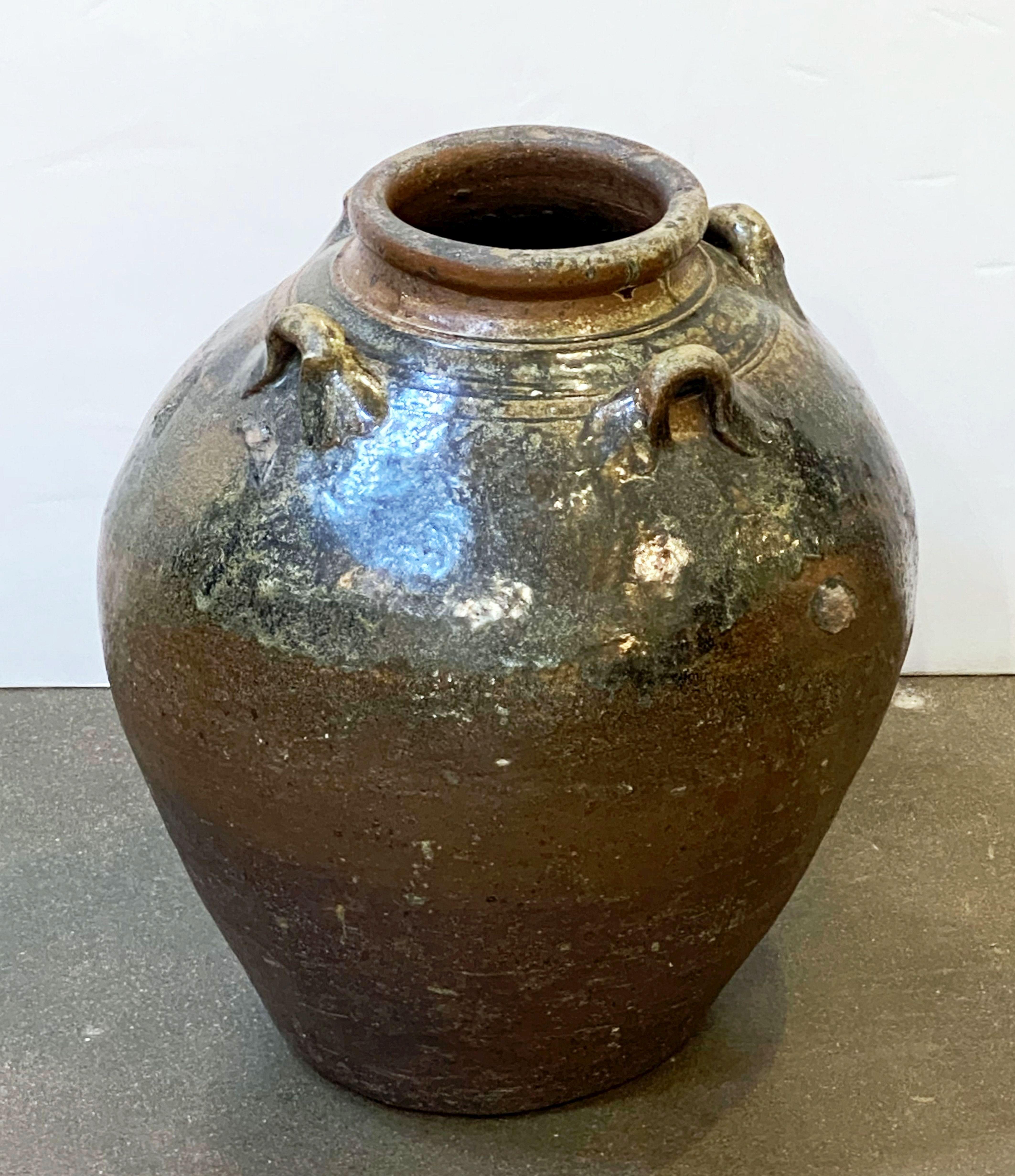 Glazed Ceramic Jug or Jar with Four Handles from France In Good Condition For Sale In Austin, TX