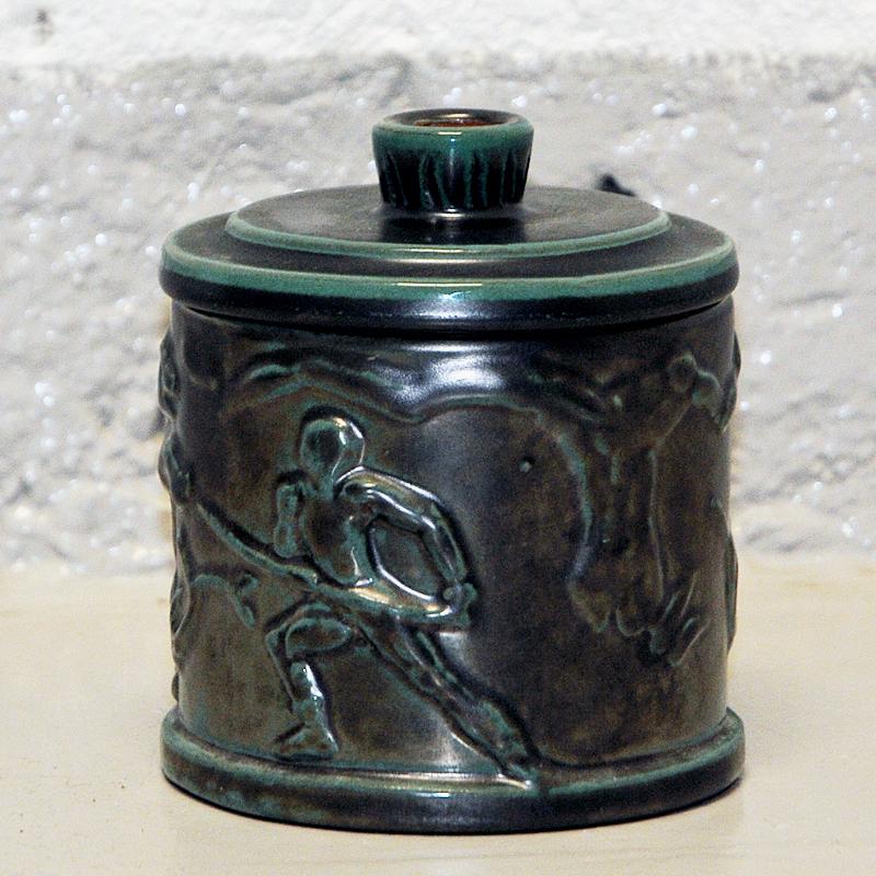 Scandinavian Modern Glazed ceramic lid box by Upsala Ekeby Sweden 1940s For Sale