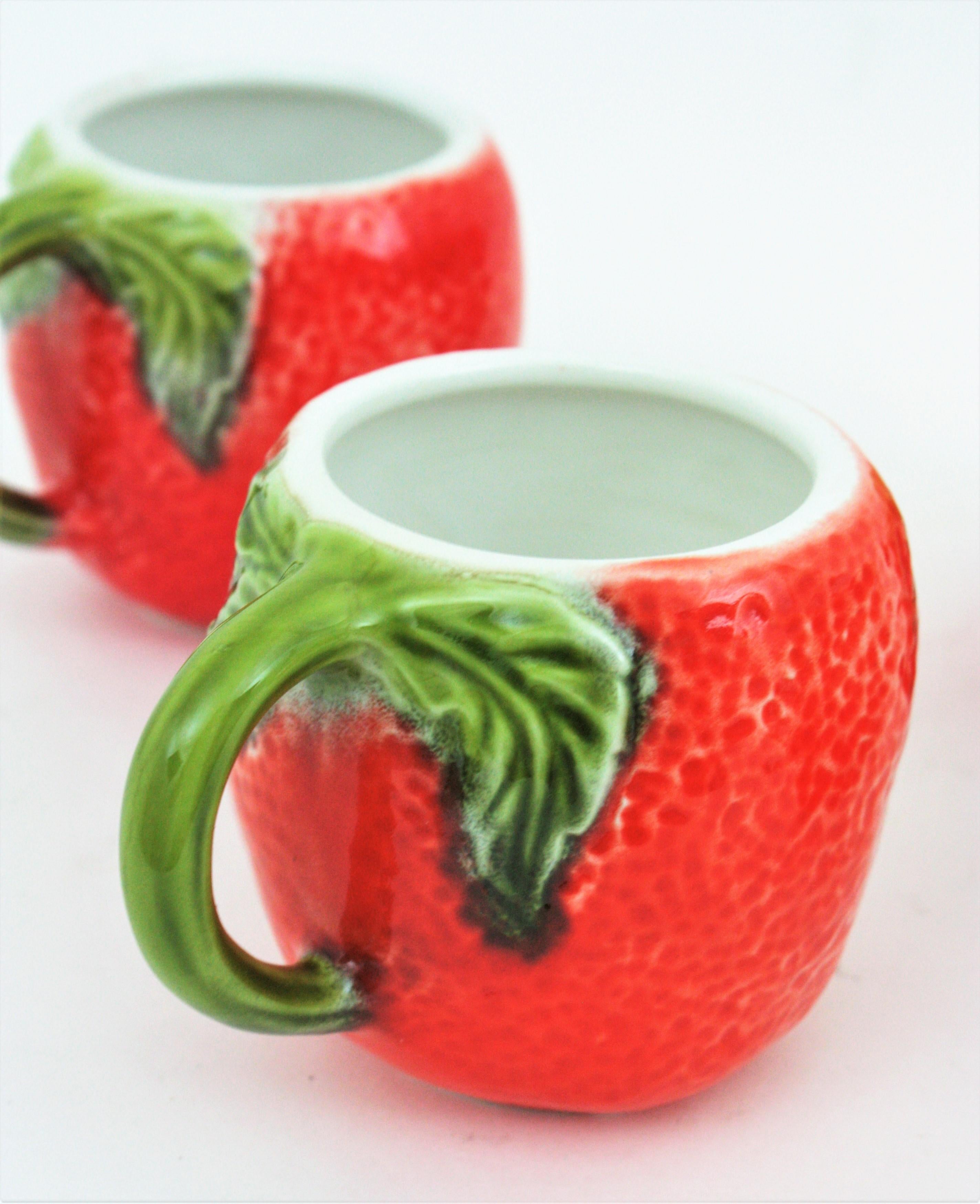 Mid-Century Modern Glazed Ceramic Majolica Coffee or Tea Cups Orange Design, Set of Six For Sale