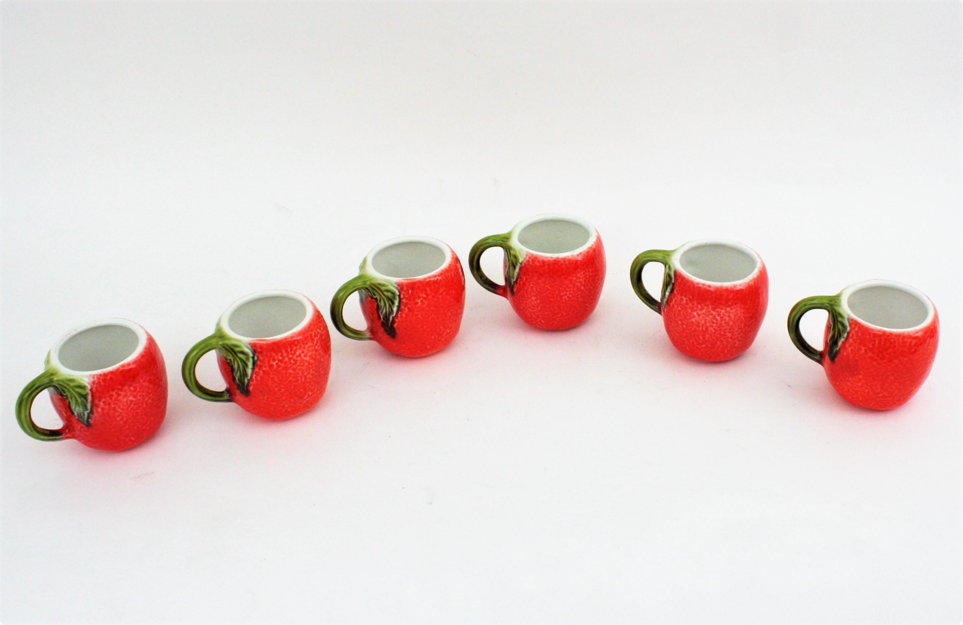 Spanish Glazed Ceramic Majolica Coffee or Tea Cups Orange Design, Set of Six For Sale