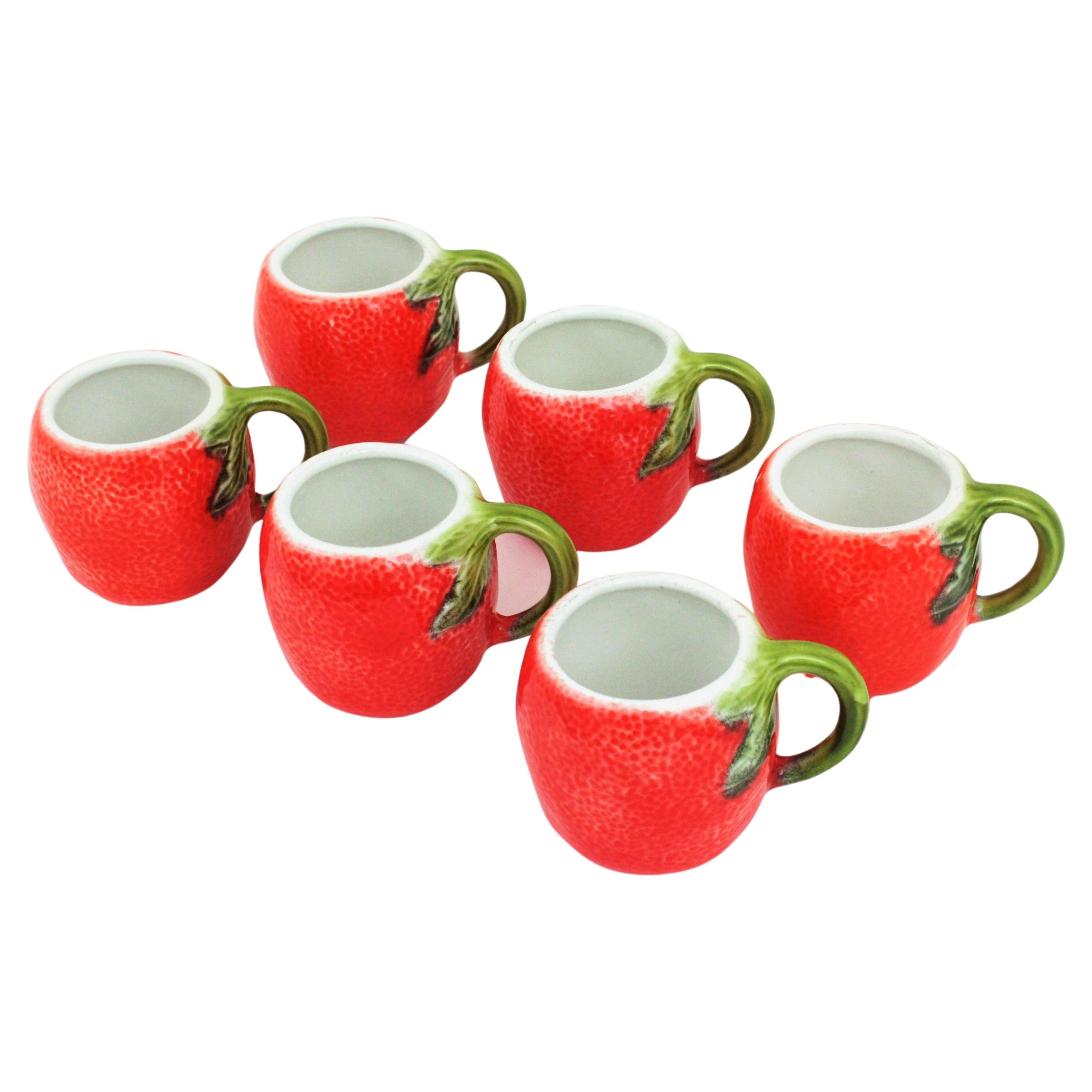 Glazed Ceramic Majolica Coffee or Tea Cups Orange Design, Set of Six For Sale