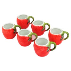 Vintage Glazed Ceramic Majolica Coffee or Tea Cups Orange Design, Set of Six