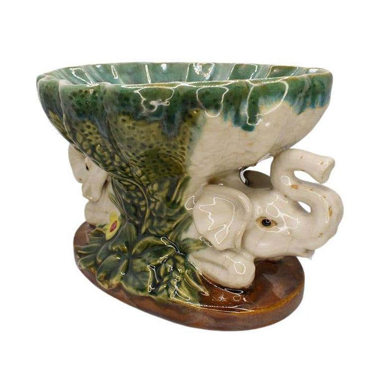 Glazed Ceramic Majolica Lucky Elephant Key Dish with Green Botanical Motif 4