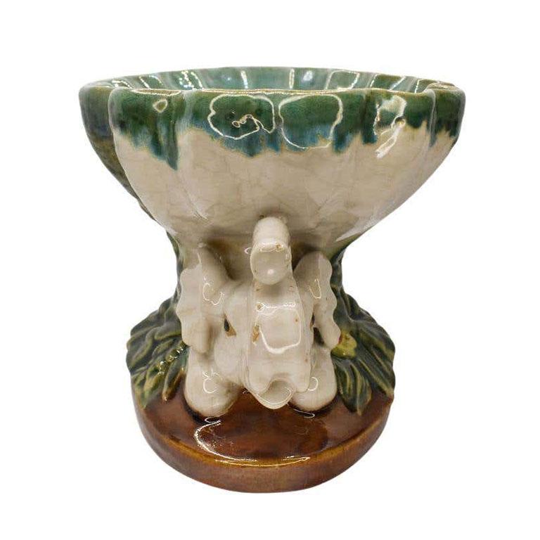 Glazed Ceramic Majolica Lucky Elephant Key Dish with Green Botanical Motif 5