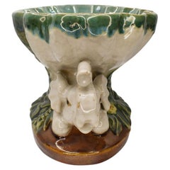 Glazed Ceramic Majolica Lucky Elephant Key Dish with Green Botanical Motif