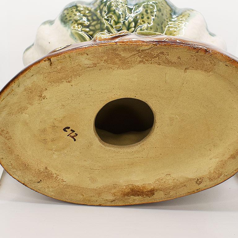 British Colonial Glazed Ceramic Majolica Lucky Elephant Key Dish with Green Botanical Motif