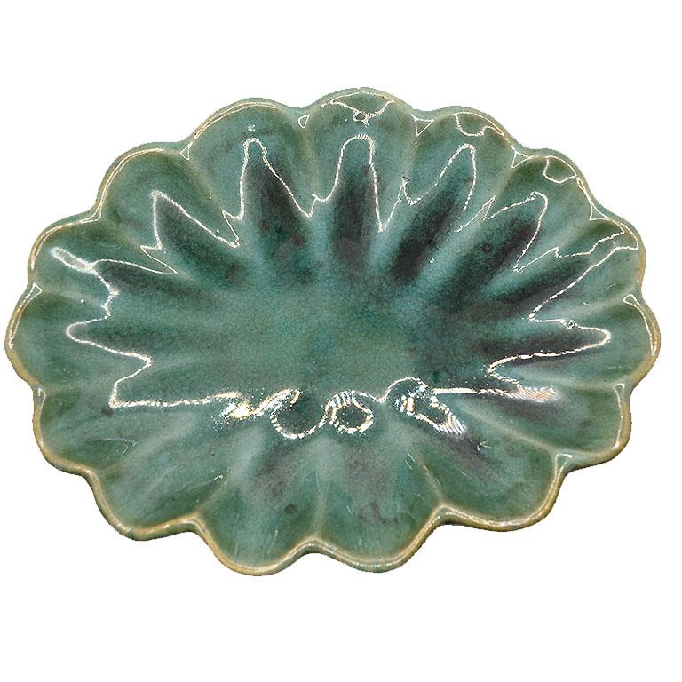 American Glazed Ceramic Majolica Lucky Elephant Key Dish with Green Botanical Motif